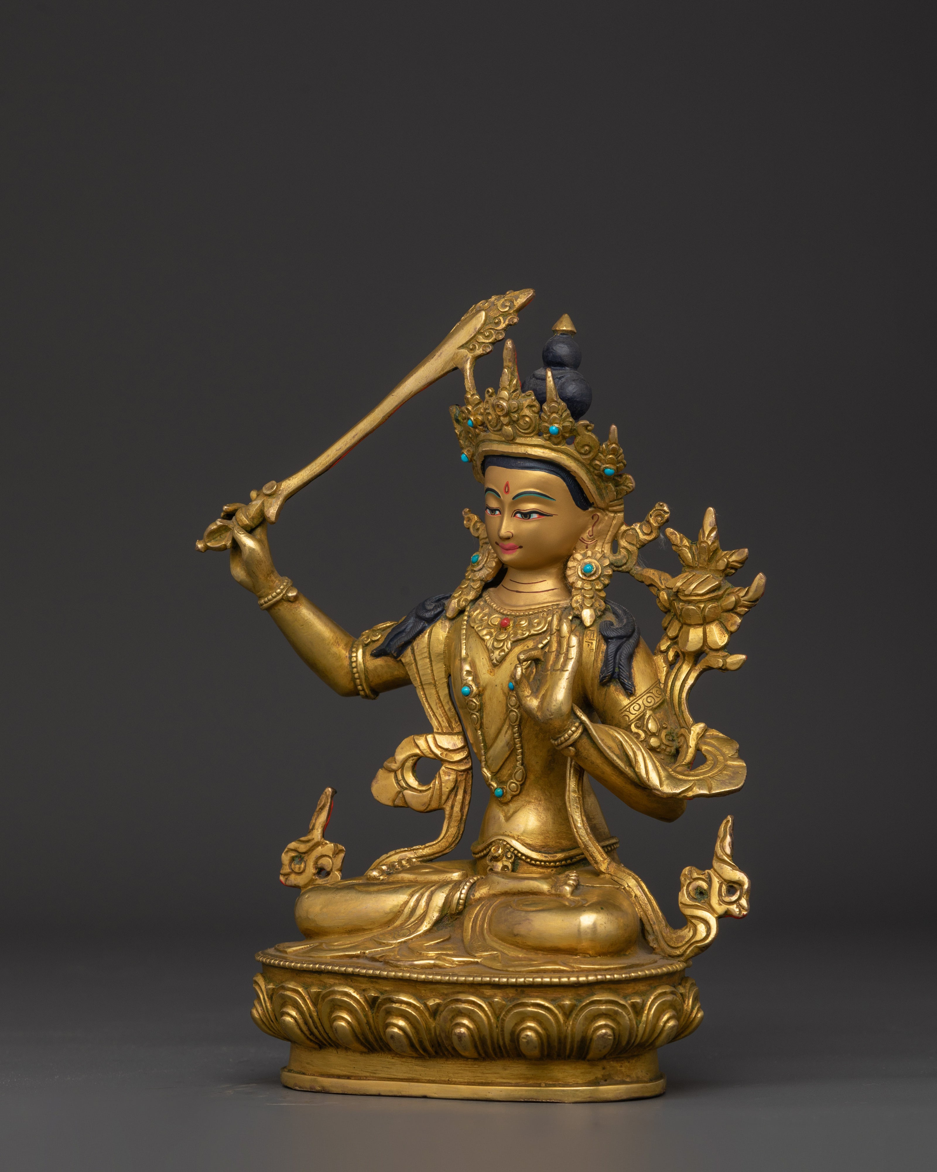 Manjushri Tantric Statue | Gold Plated Copper Wisdom Deity Sculpture