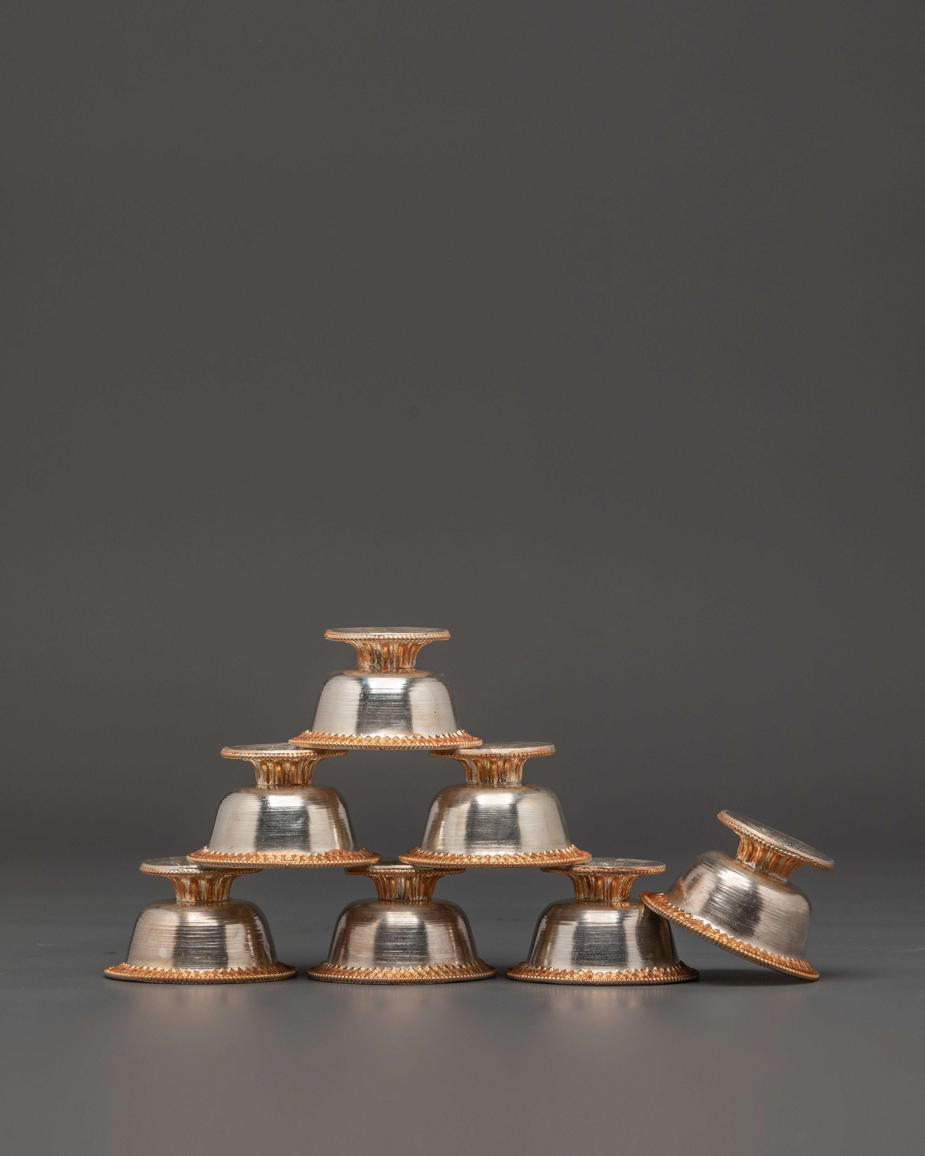 Tibetan Seven Offering Bowl Set | Copper Ritual Bowls with Silver & Gold Plating