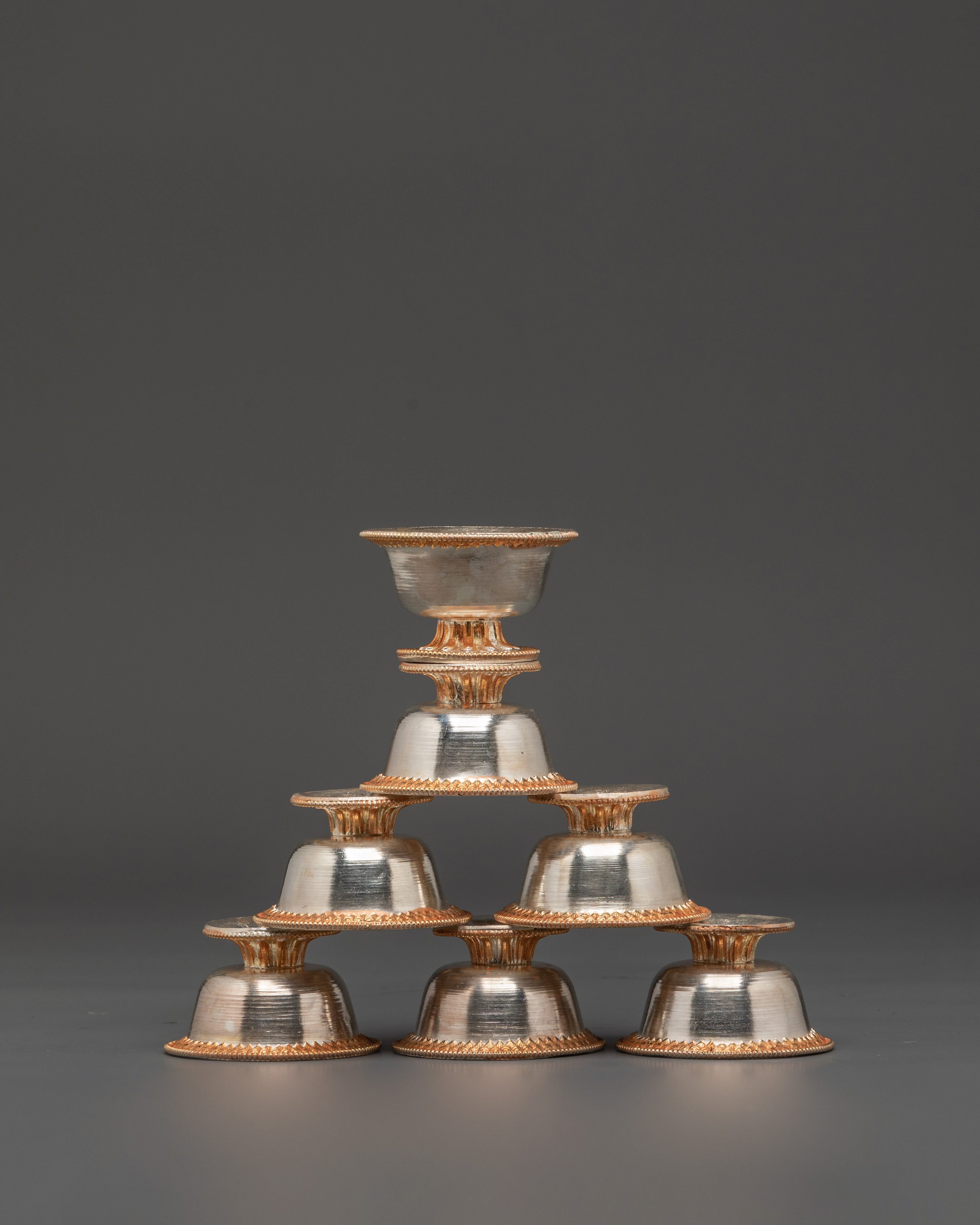 Tibetan Seven Offering Bowl Set | Copper Ritual Bowls with Silver & Gold Plating