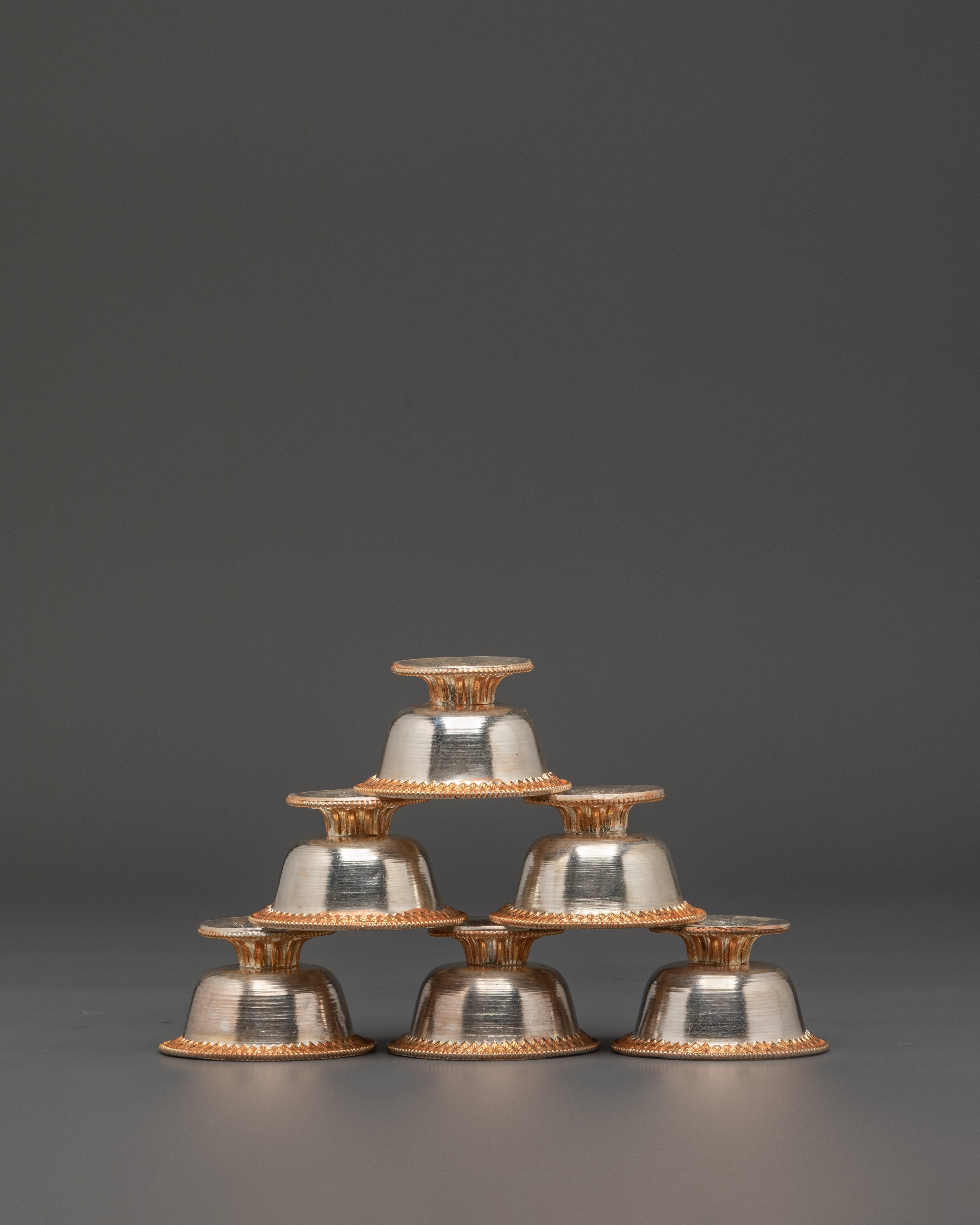 Tibetan Seven Offering Bowl Set | Copper Ritual Bowls with Silver & Gold Plating