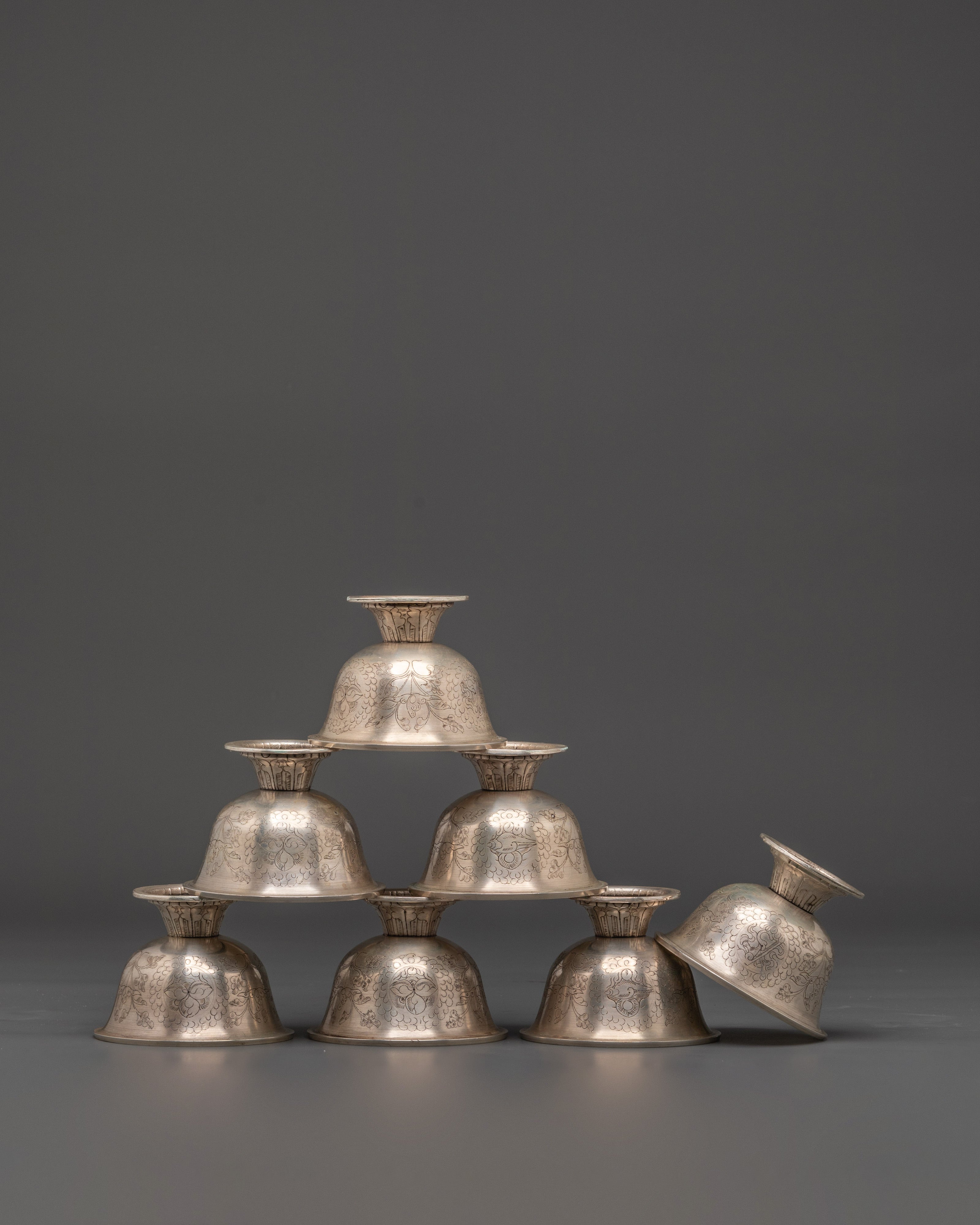 Tibetan Ritual Water Bowl Set | Silver-Plated Copper Offering Bowls