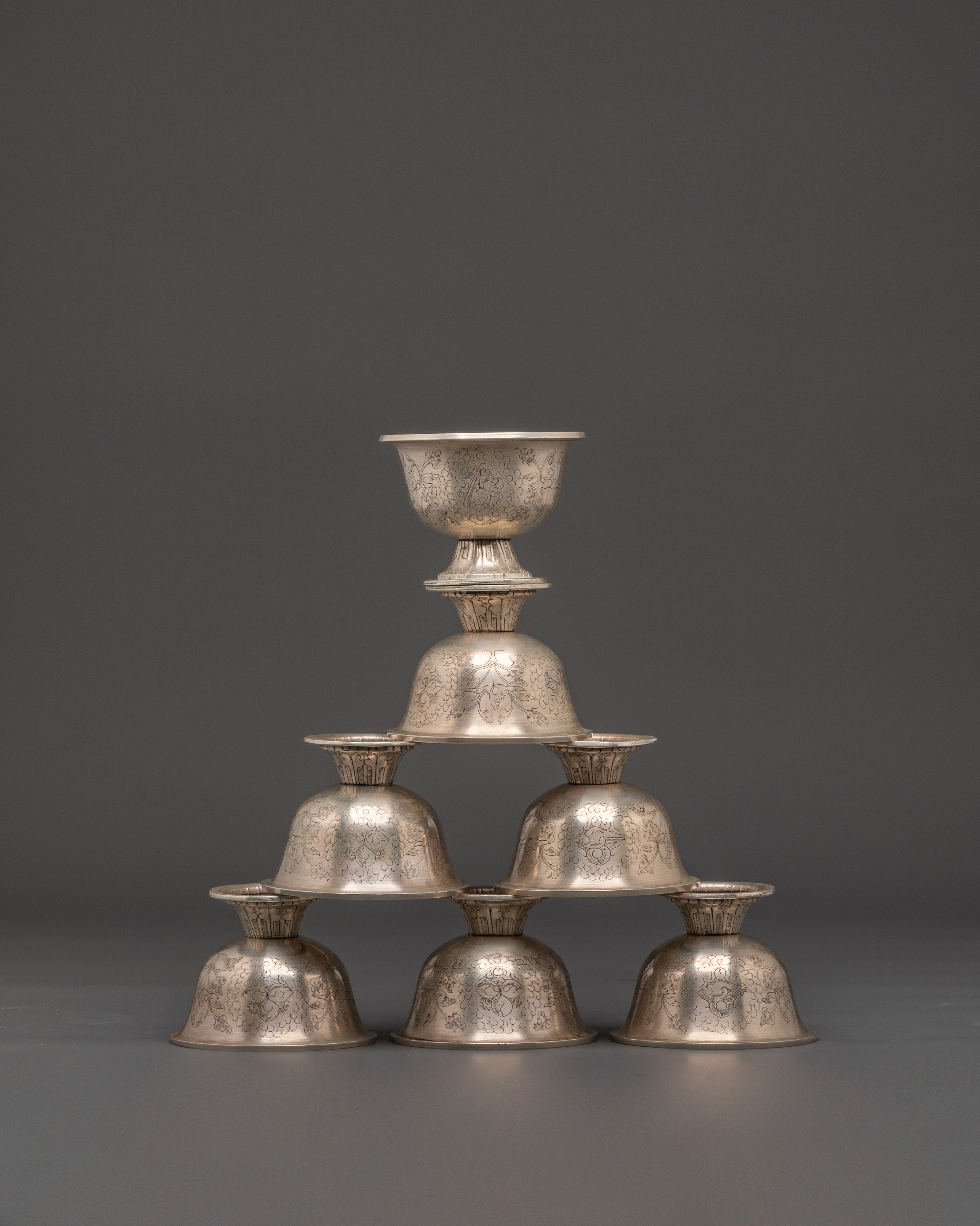 Tibetan Ritual Water Bowl Set | Silver-Plated Copper Offering Bowls