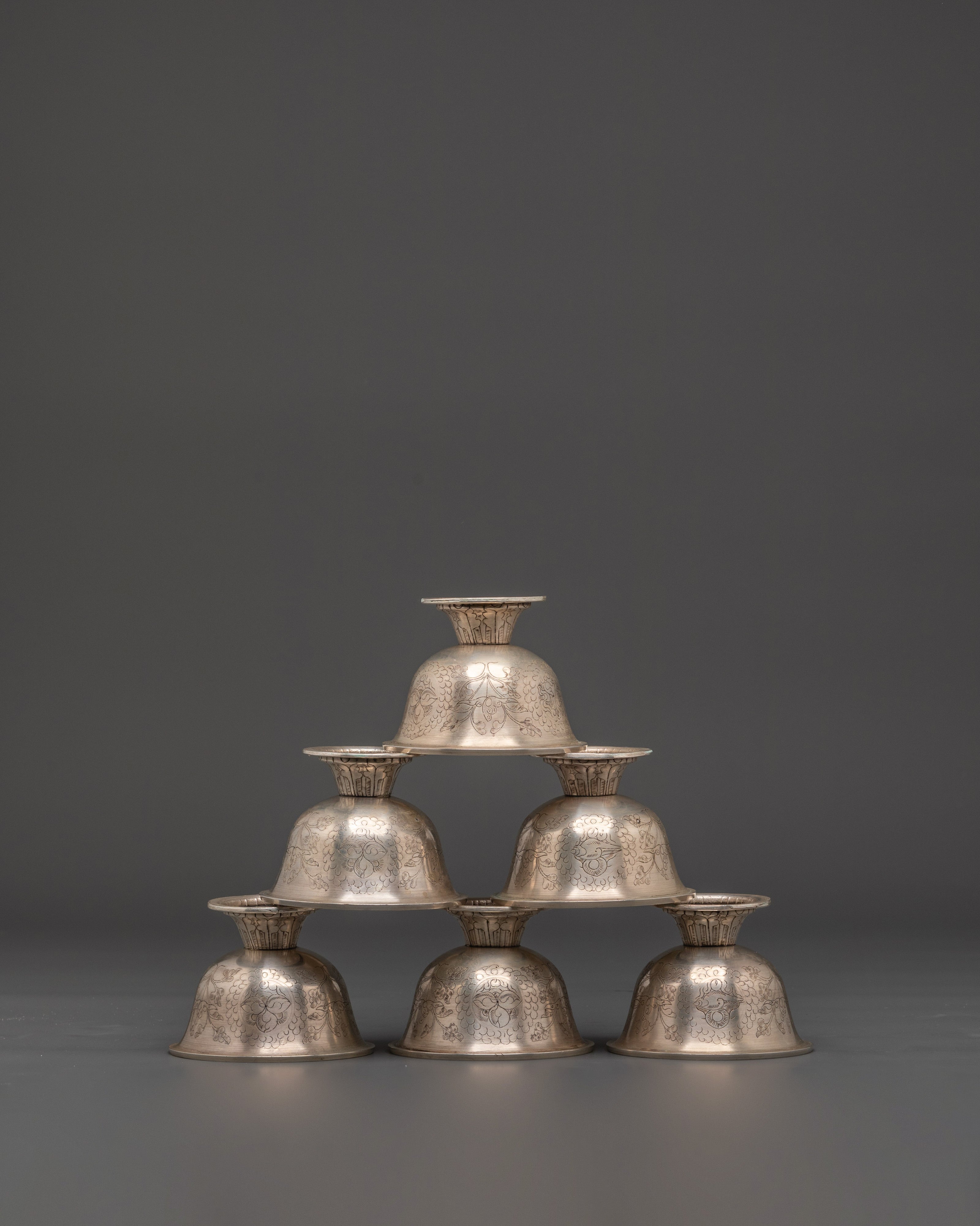 Tibetan Ritual Water Bowl Set | Silver-Plated Copper Offering Bowls
