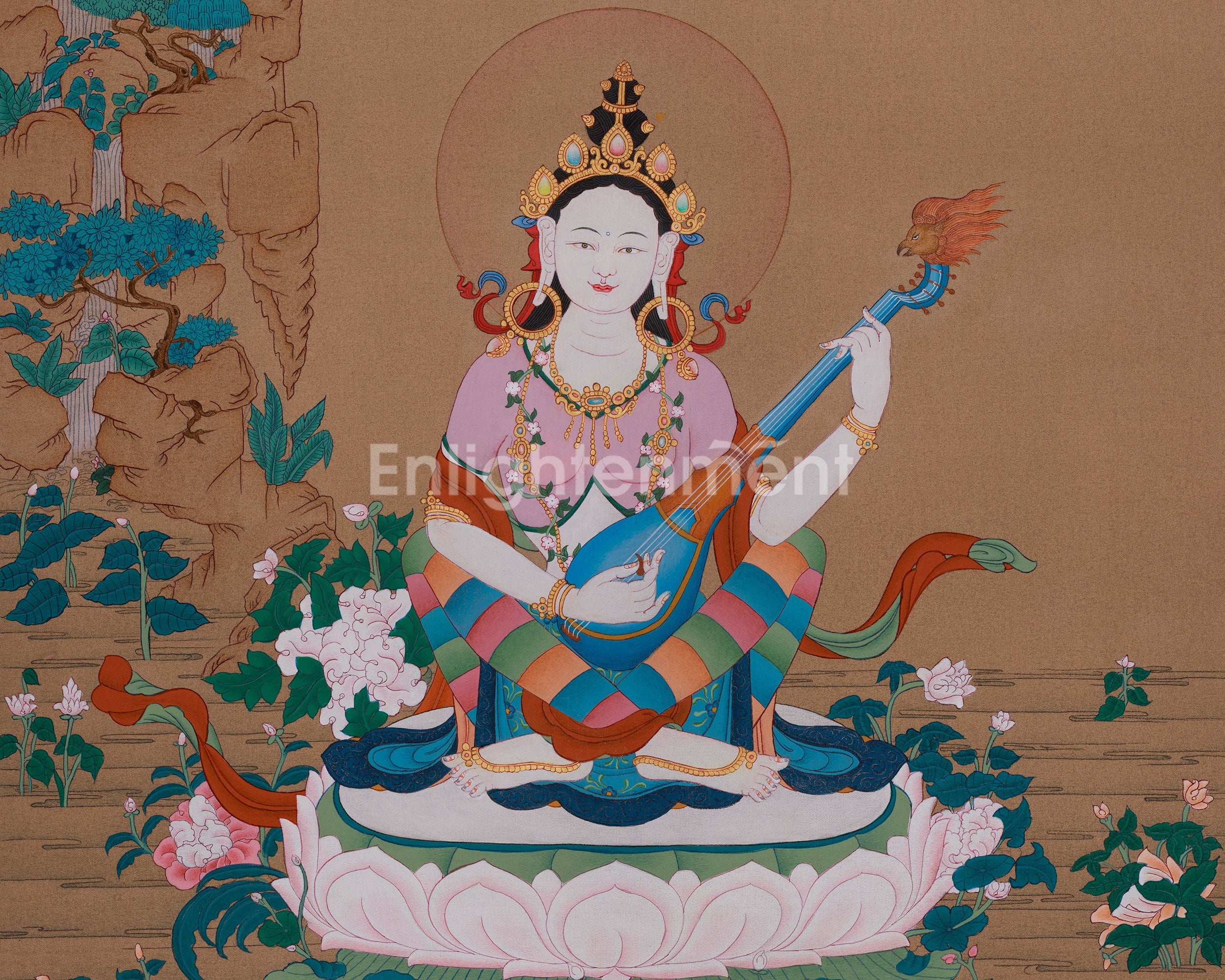 Traditional Saraswati Thangka | Goddess of Wisdom, Music, and Knowledge