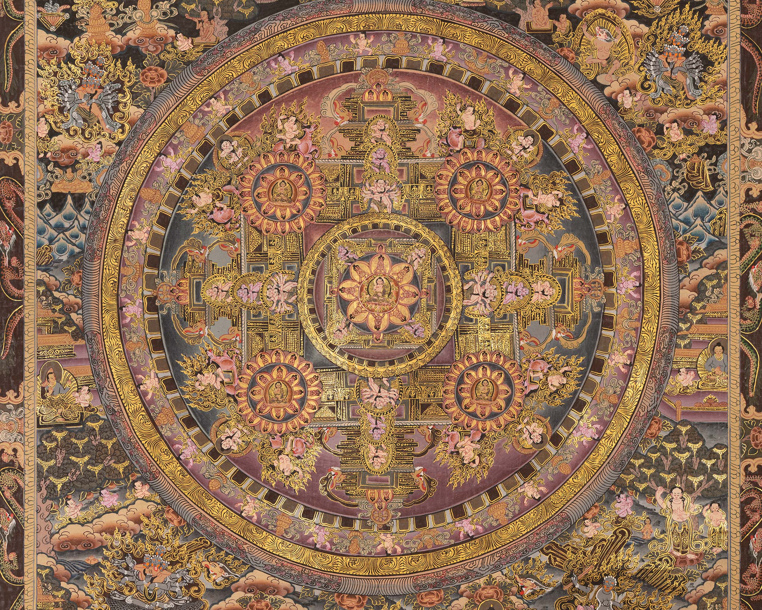 Traditional Buddha Mandala | 24K Gold Tibetan Thangka of Peace and Awakening