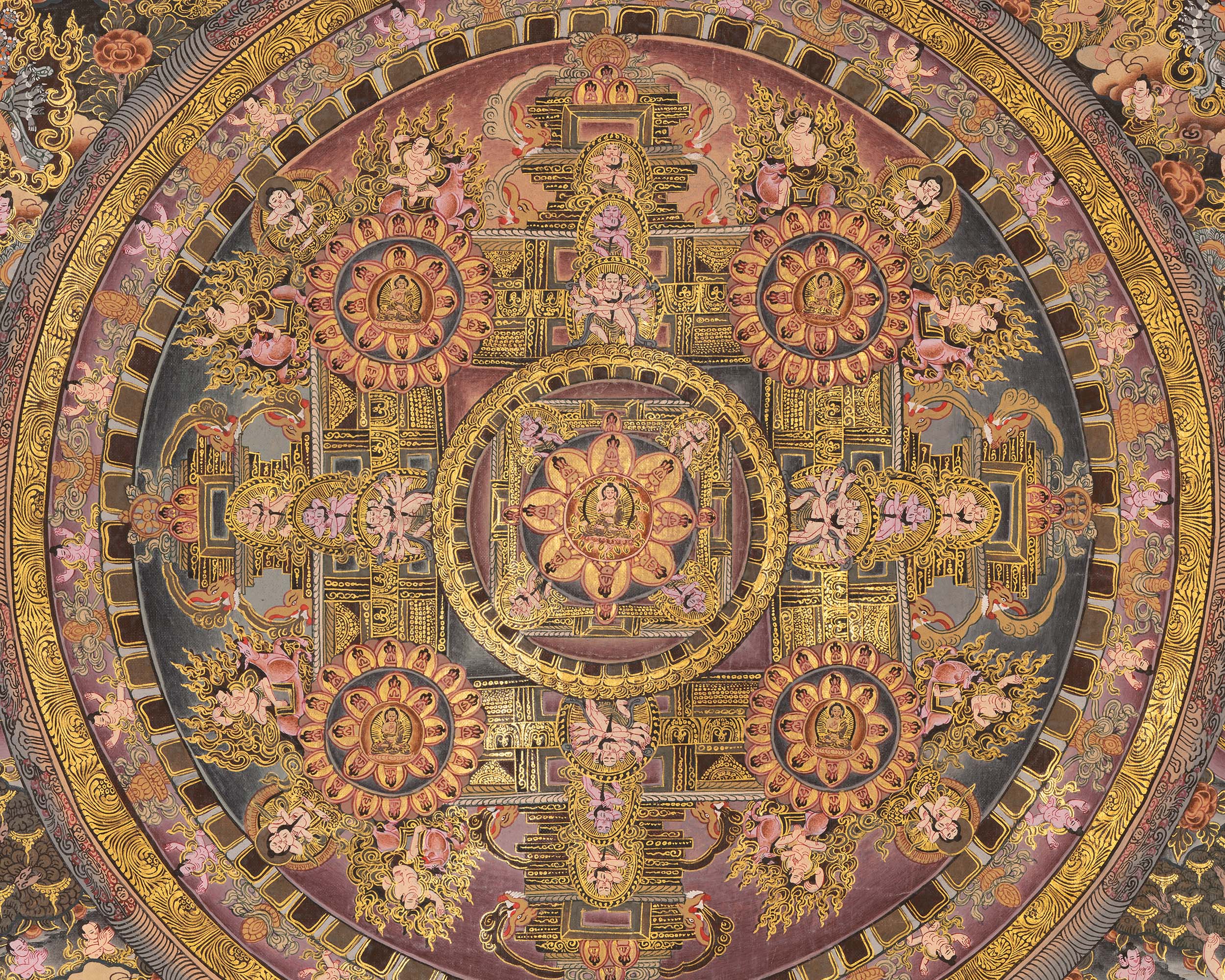Traditional Buddha Mandala | 24K Gold Tibetan Thangka of Peace and Awakening