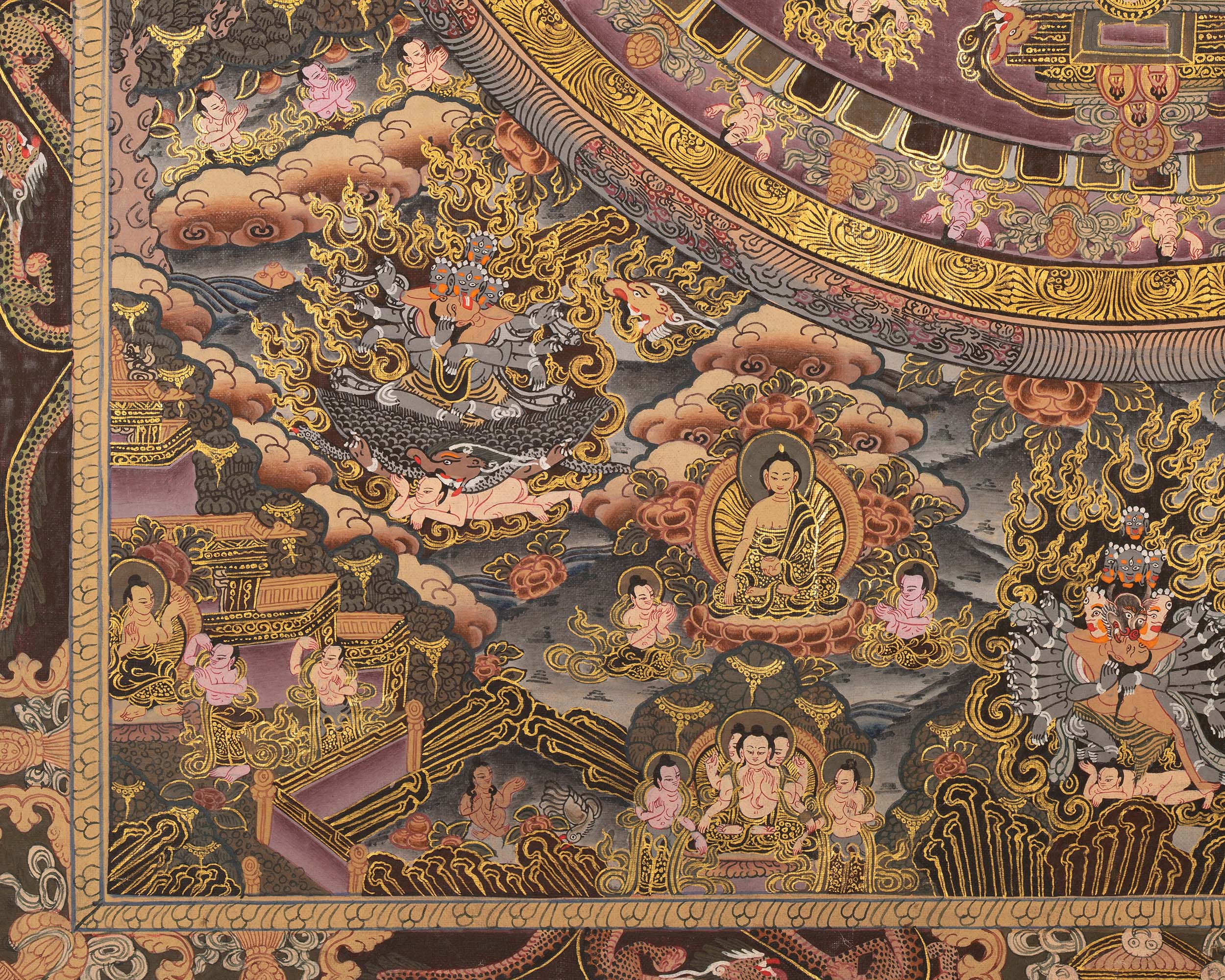 Traditional Buddha Mandala | 24K Gold Tibetan Thangka of Peace and Awakening