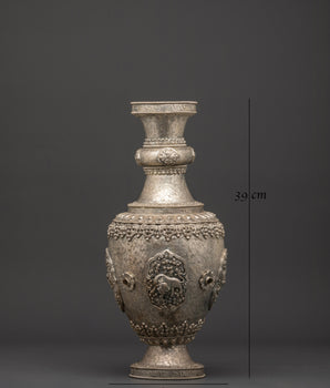 Handcrafted Silver Flower Vase Pair | Tibetan Buddhist Lion Motif Urns