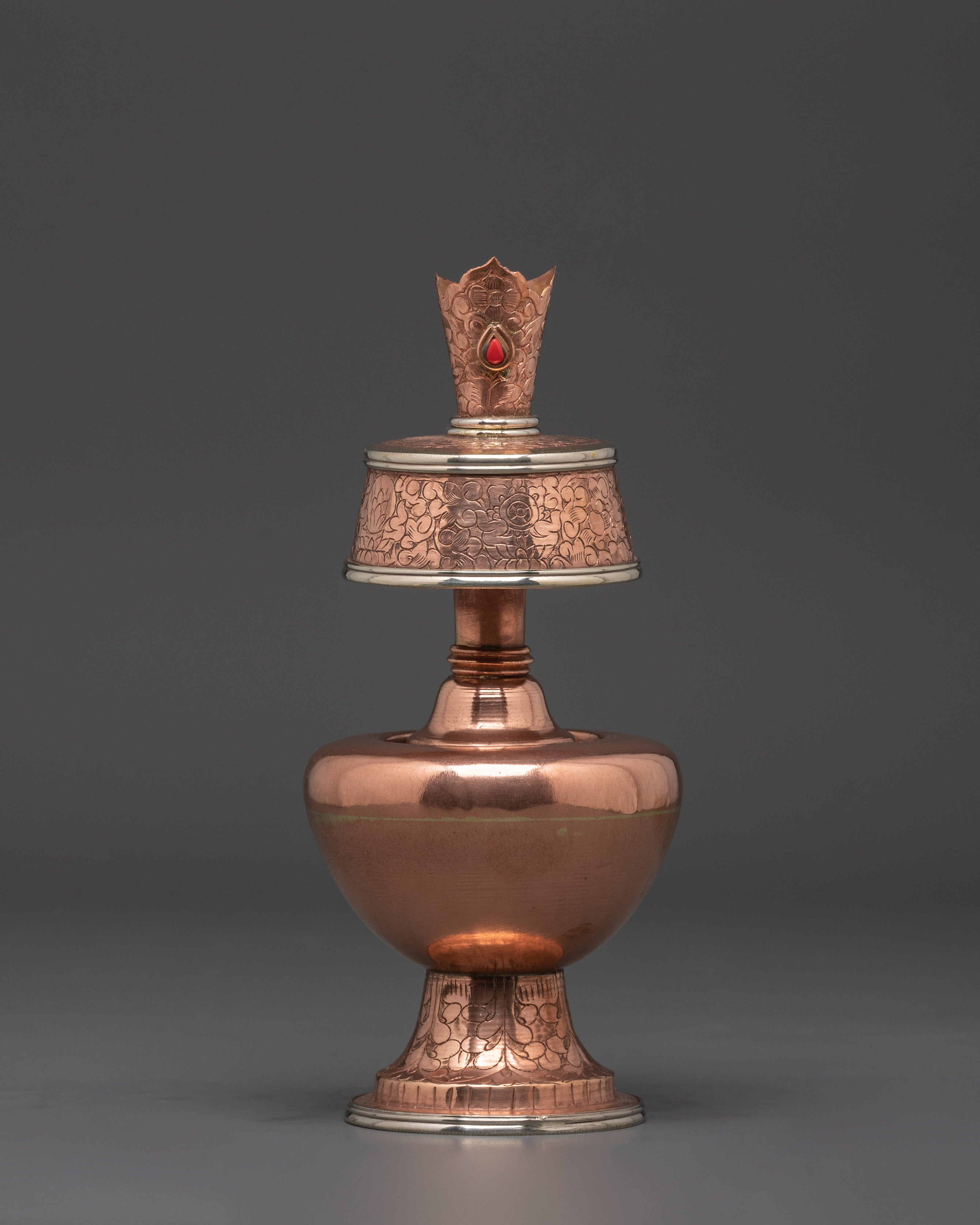 Himalayan Copper Buddhist Bumpa Set | 20.5cm Altar Vase with White Metal
