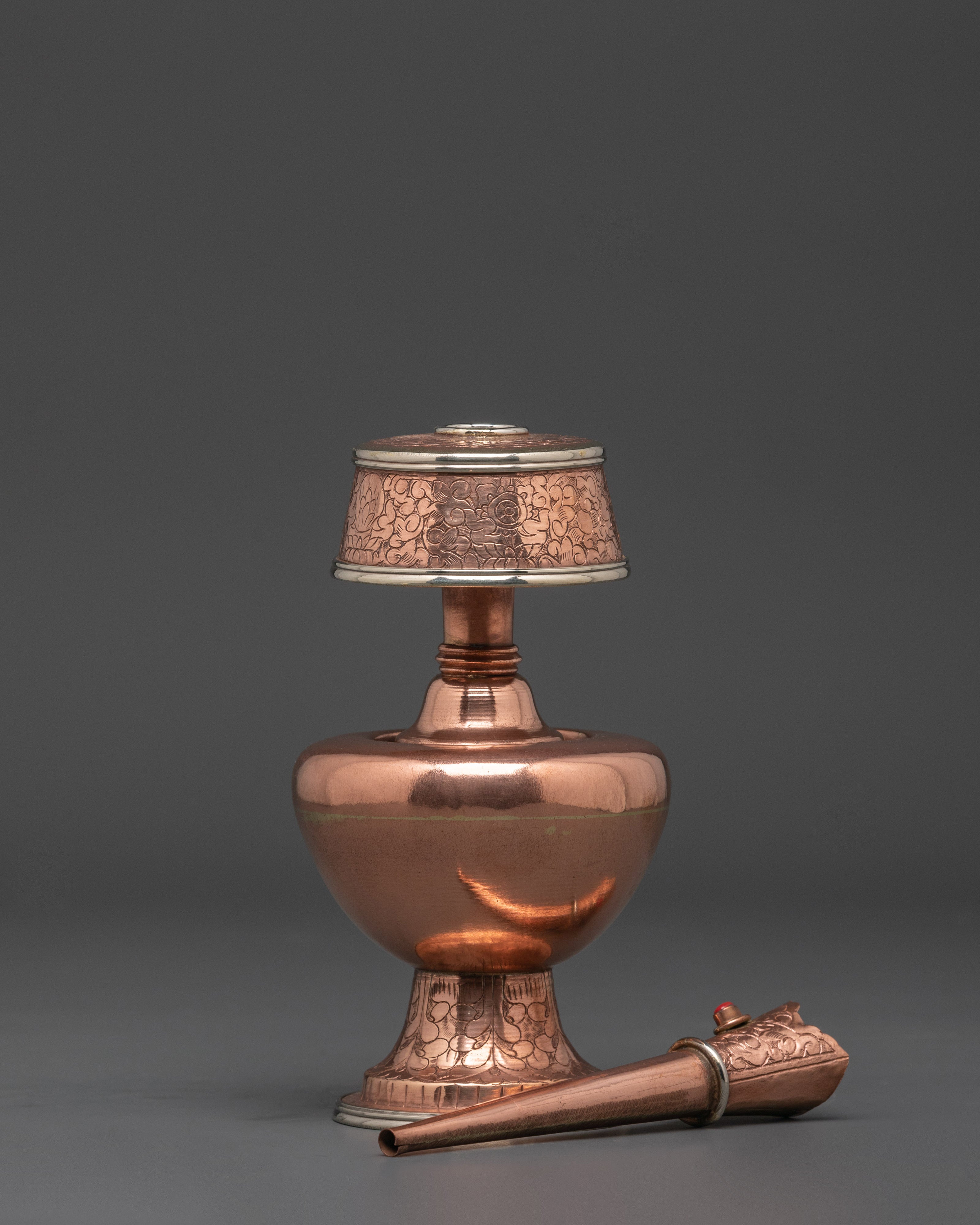 Himalayan Copper Buddhist Bumpa Set | 20.5cm Altar Vase with White Metal
