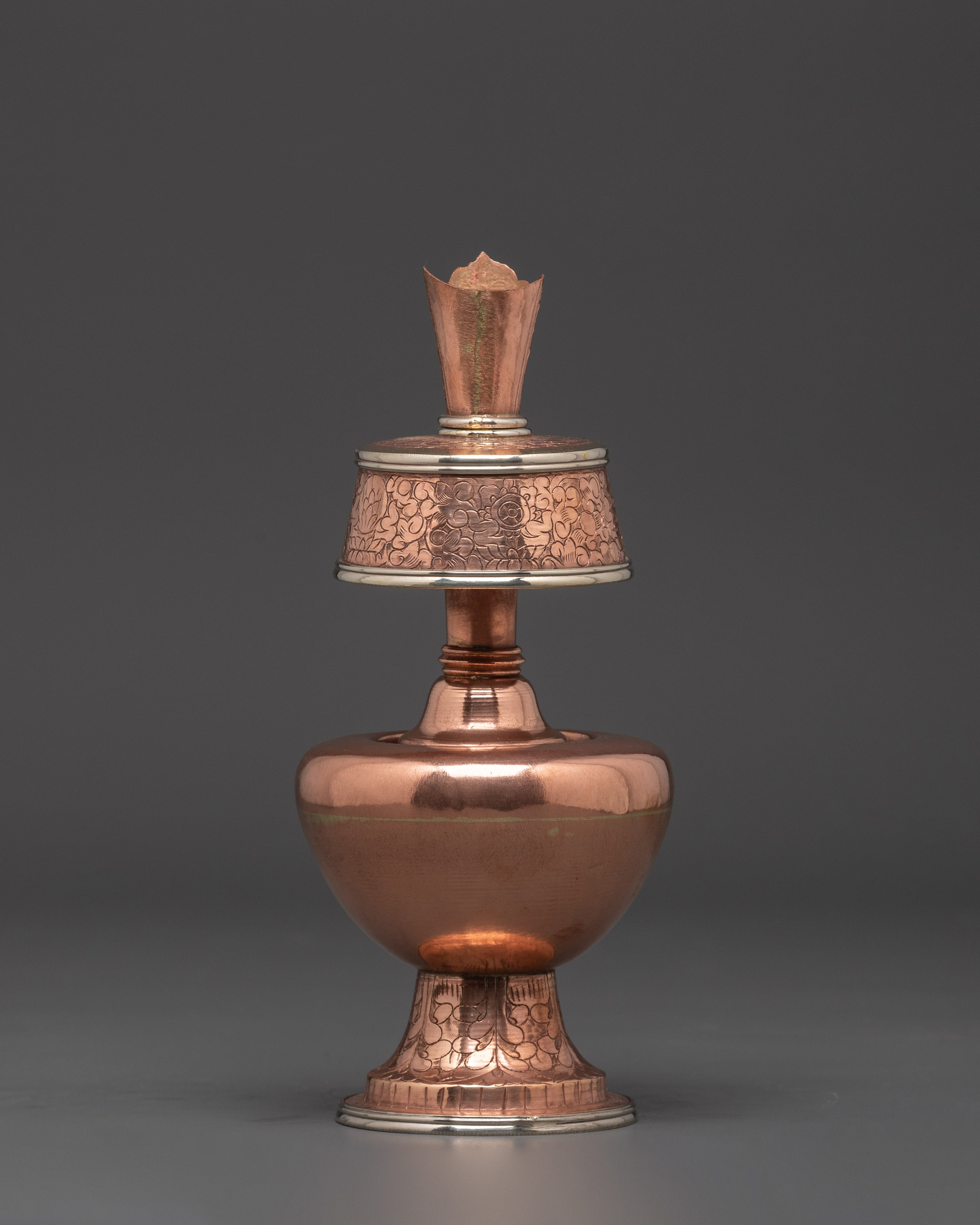 Himalayan Copper Buddhist Bumpa Set | 20.5cm Altar Vase with White Metal