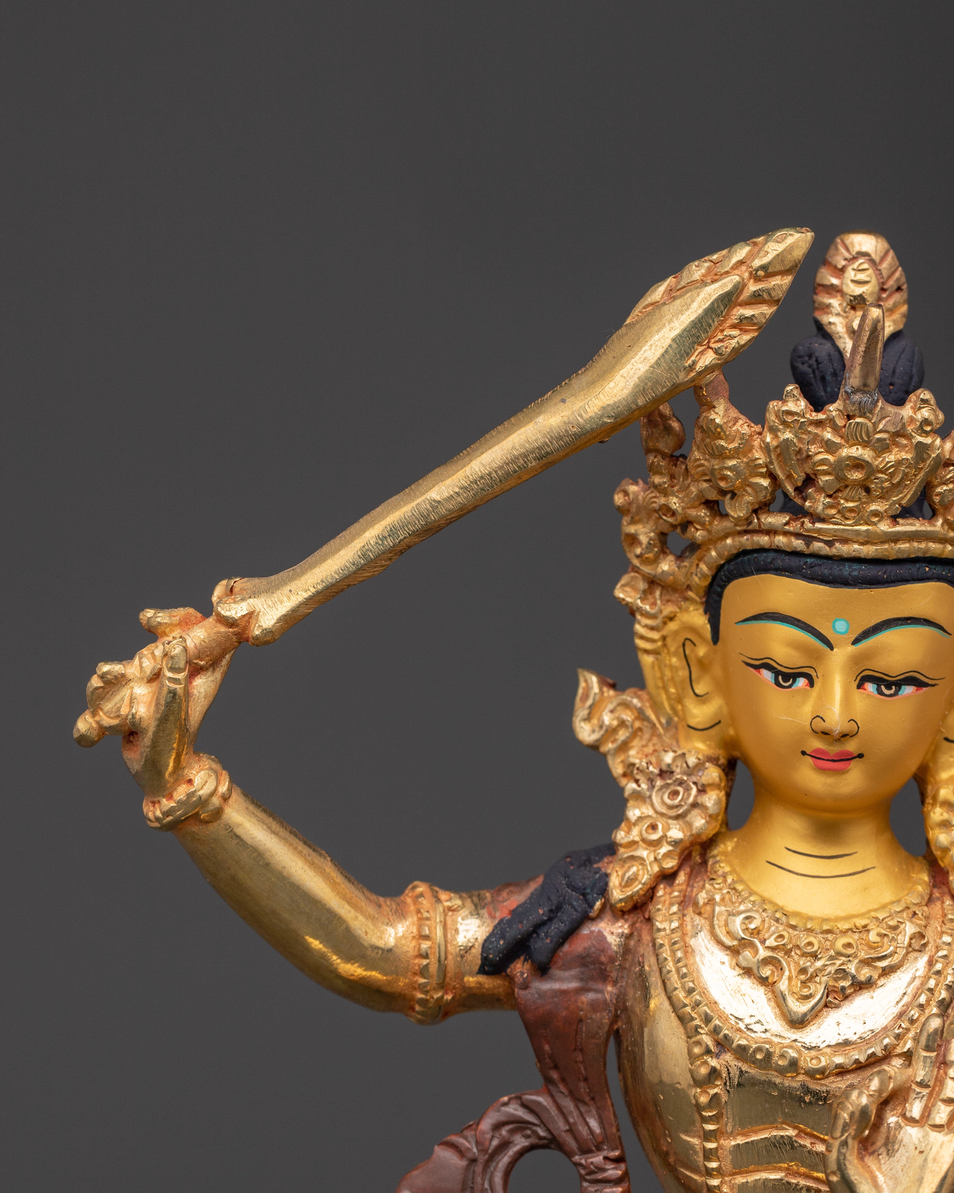 Gold Plated Manjushri Statue | Buddhist Wisdom Figurine