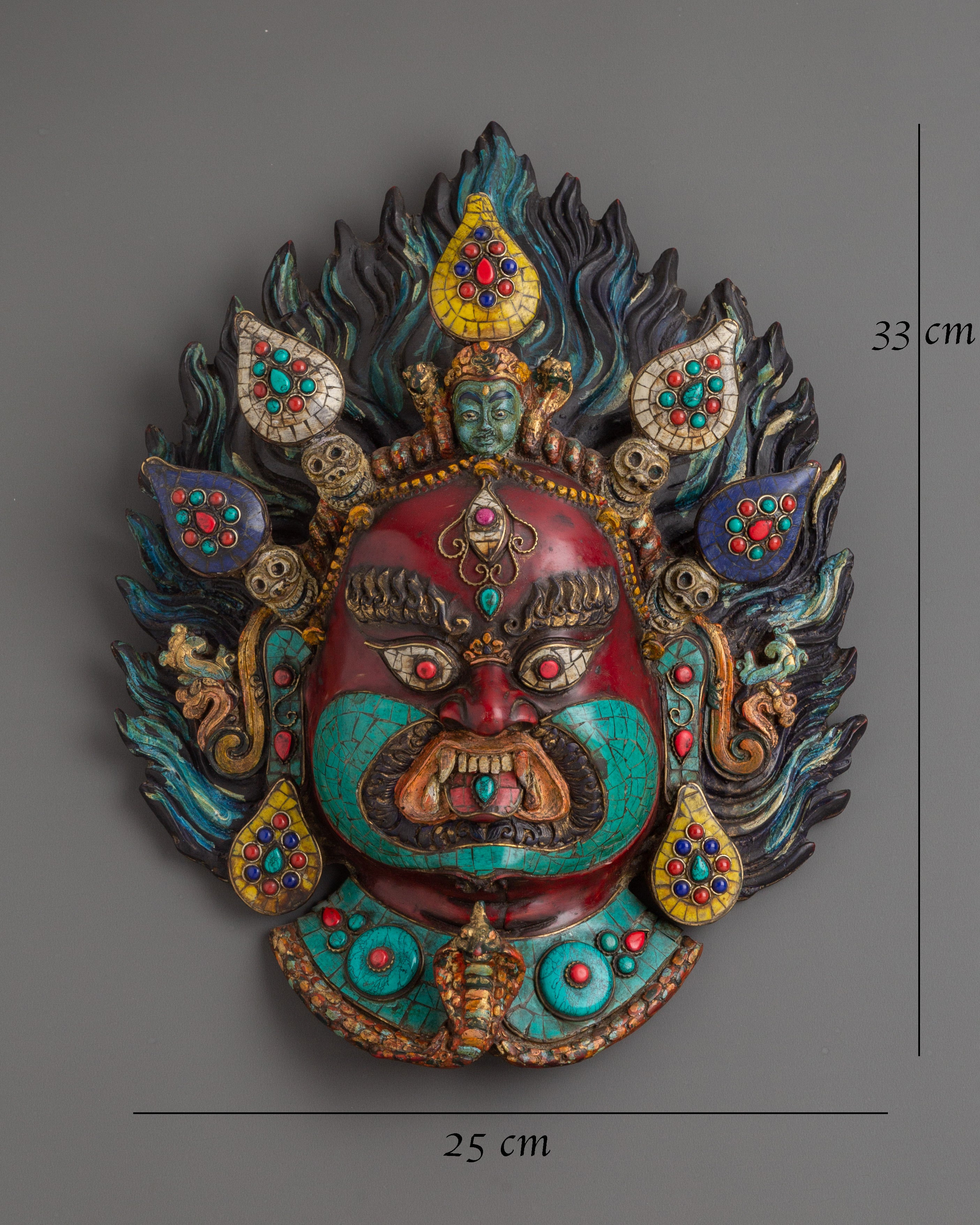 Authentic Nepalese Tribal Wall Hanging Mask | With Coral and Turquoise Inlay