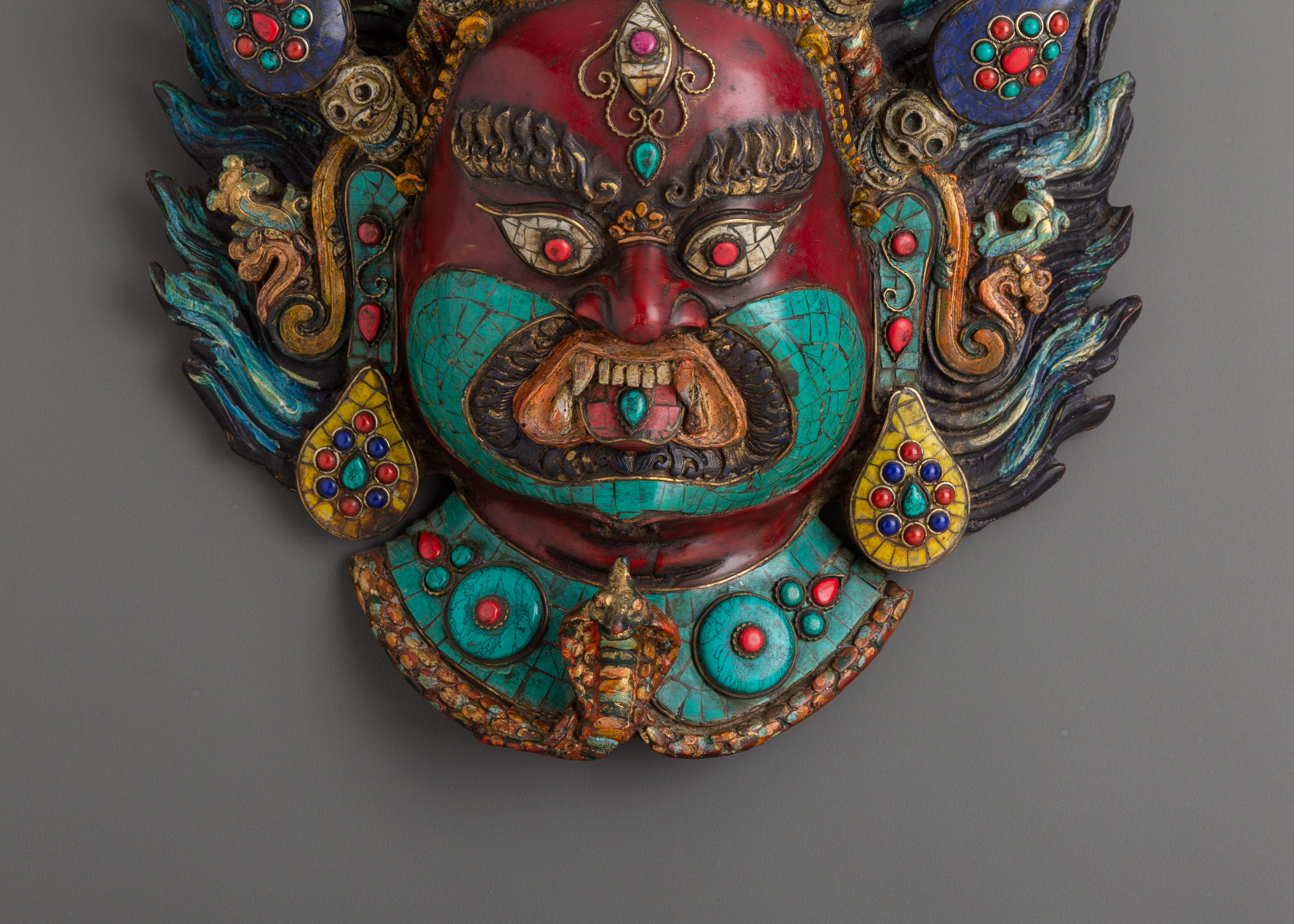 Authentic Nepalese Tribal Wall Hanging Mask | With Coral and Turquoise Inlay