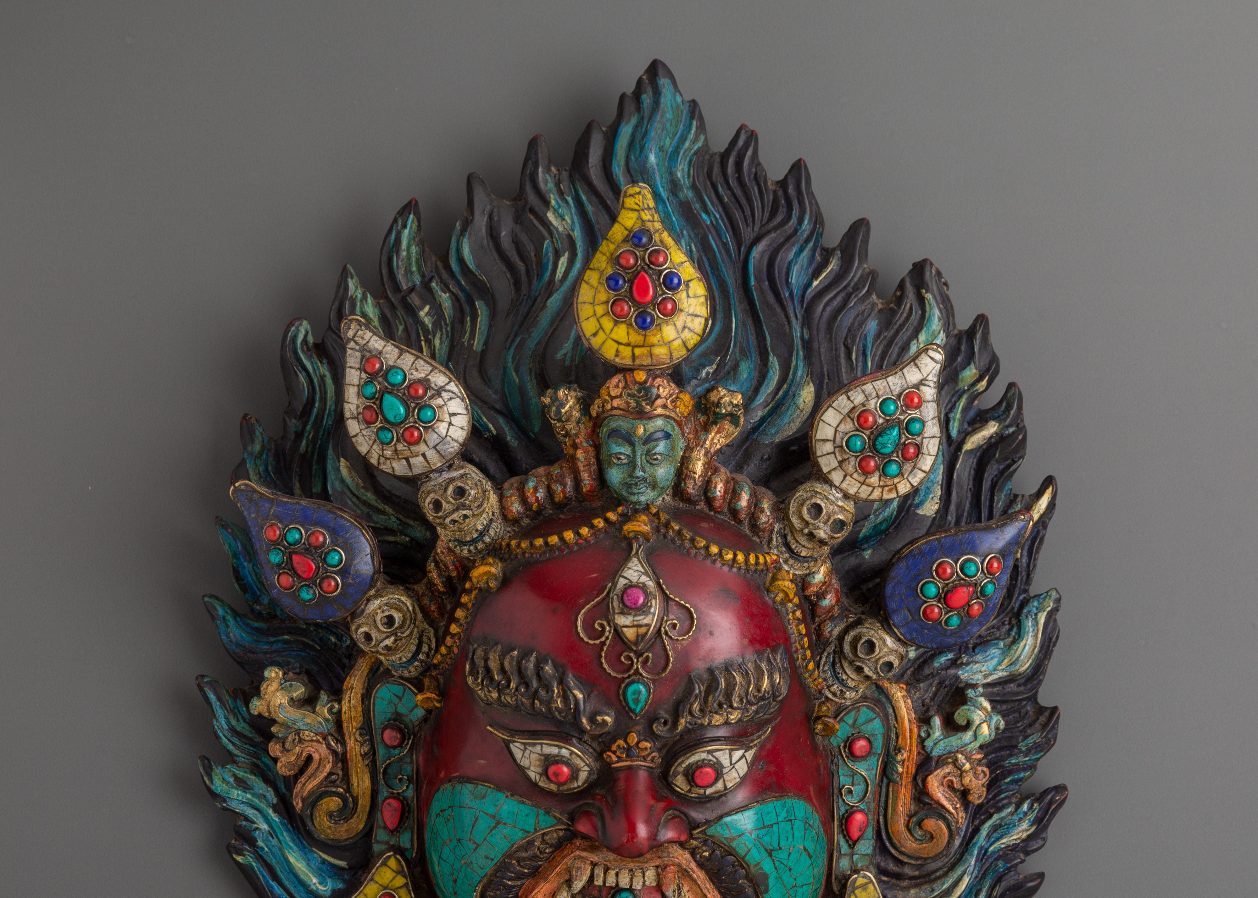 Authentic Nepalese Tribal Wall Hanging Mask | With Coral and Turquoise Inlay