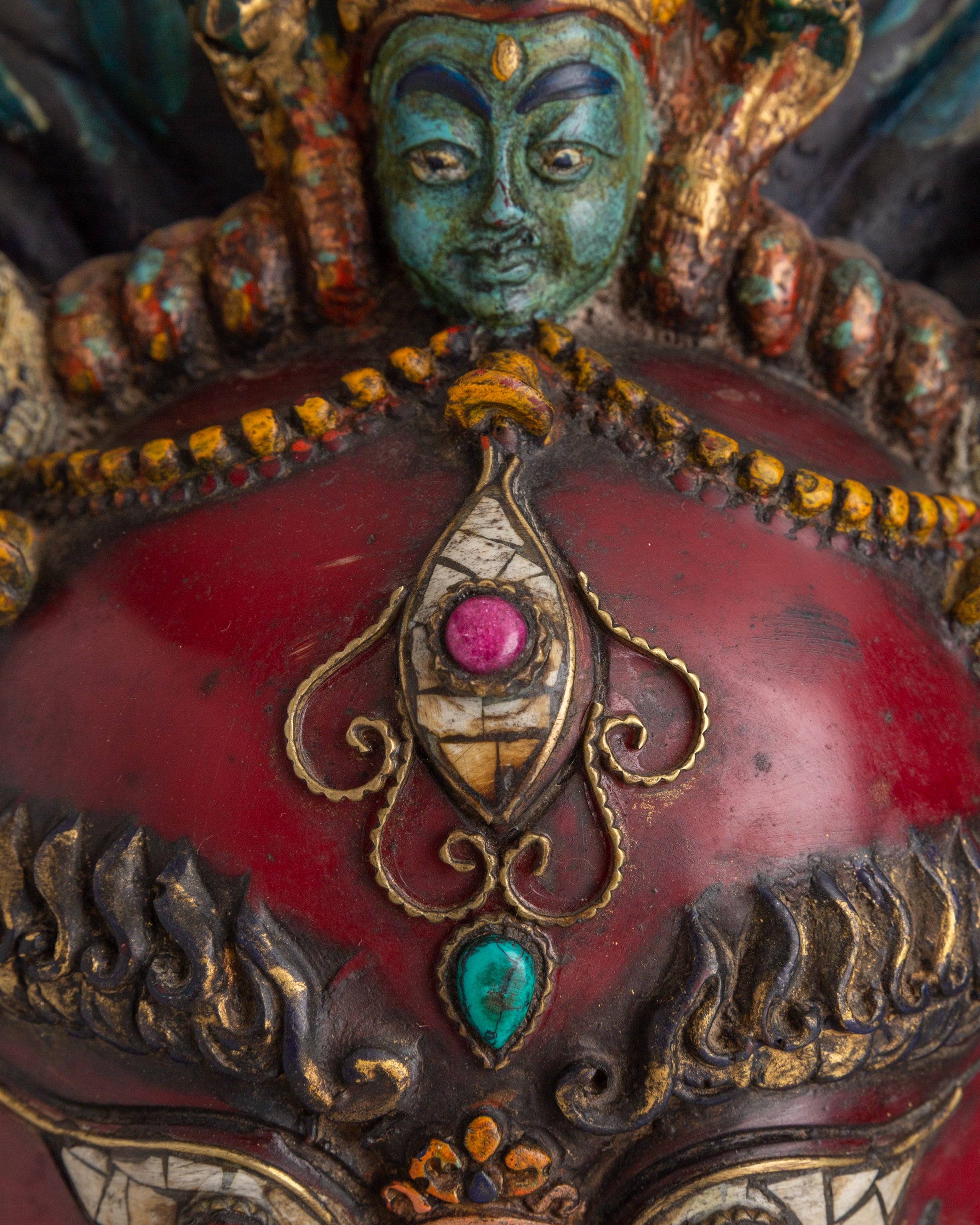 Authentic Nepalese Tribal Wall Hanging Mask | With Coral and Turquoise Inlay