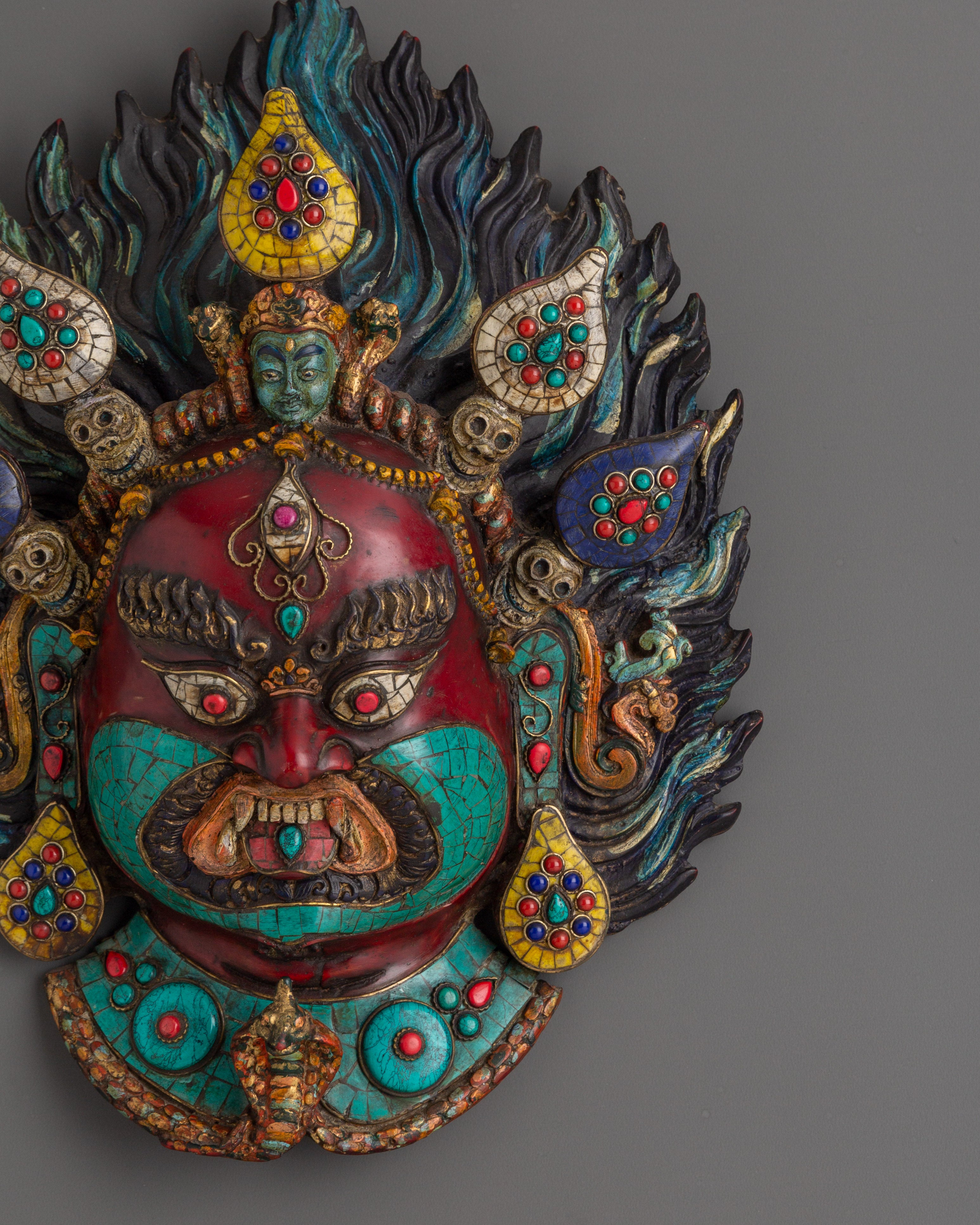 Authentic Nepalese Tribal Wall Hanging Mask | With Coral and Turquoise Inlay