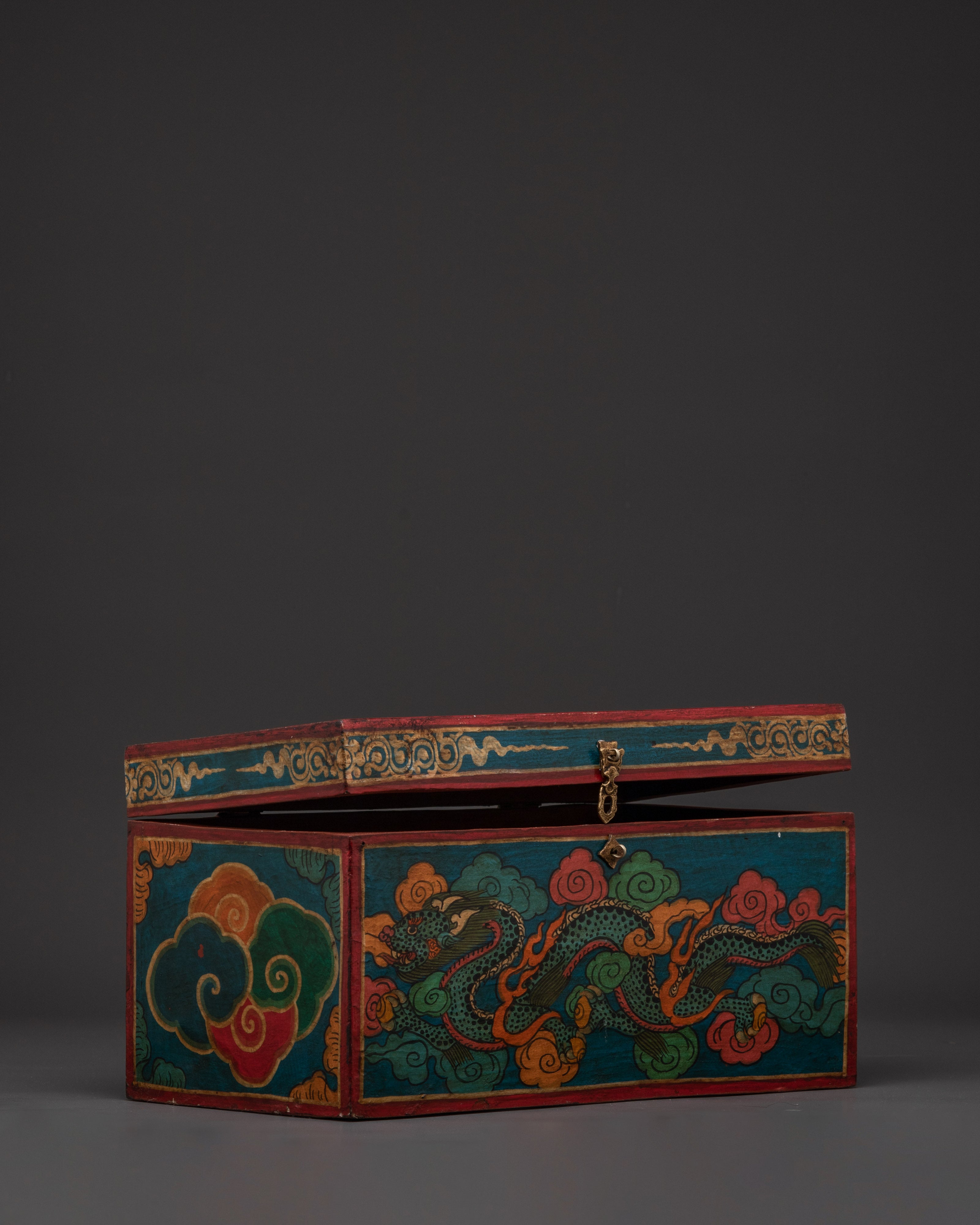 Tibetan Dragon Wooden Box | Hand-Painted Ritual Storage Chest