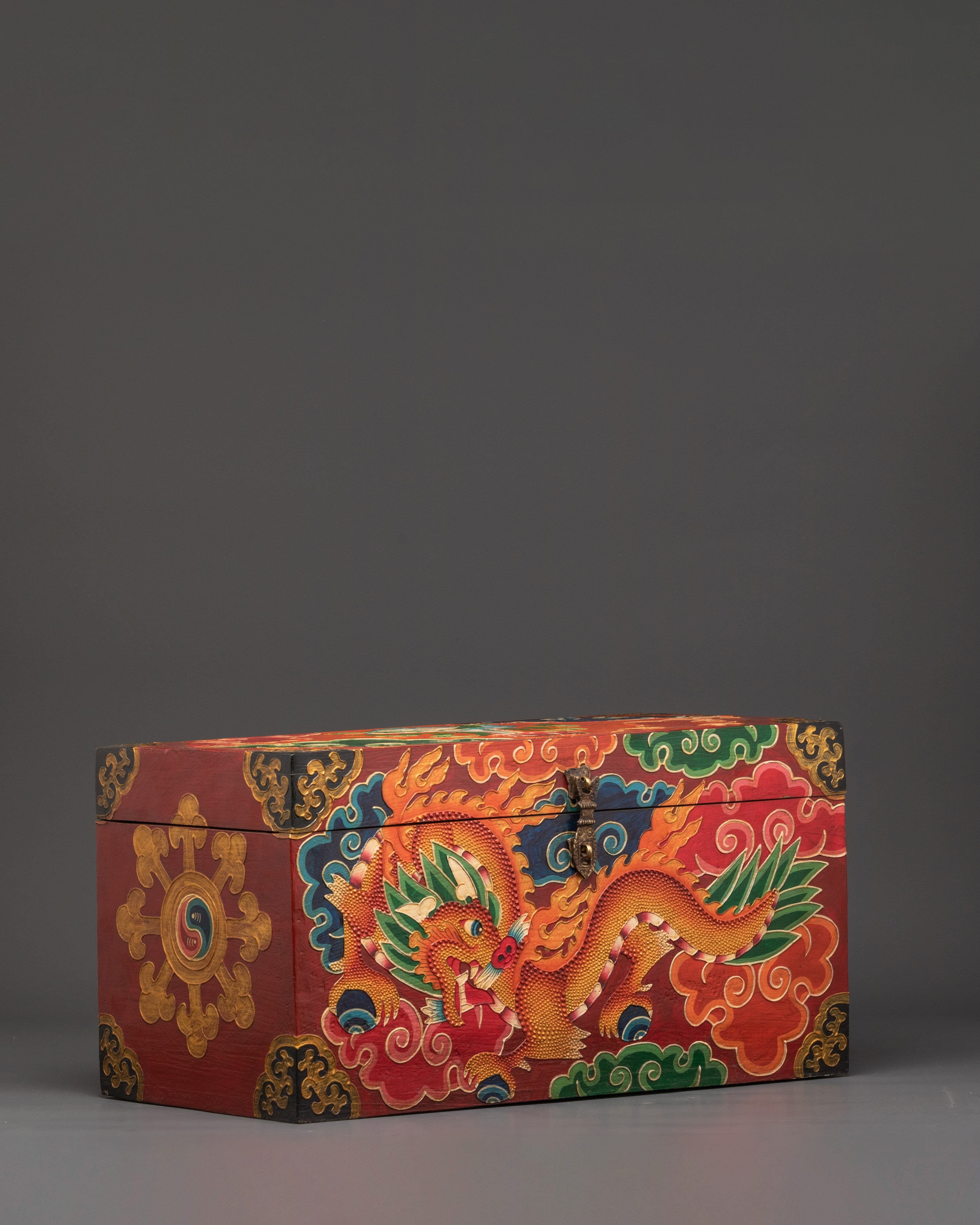 Tibetan Wooden Box with Dragon Art | Sacred Hand-Painted Ritual Chest