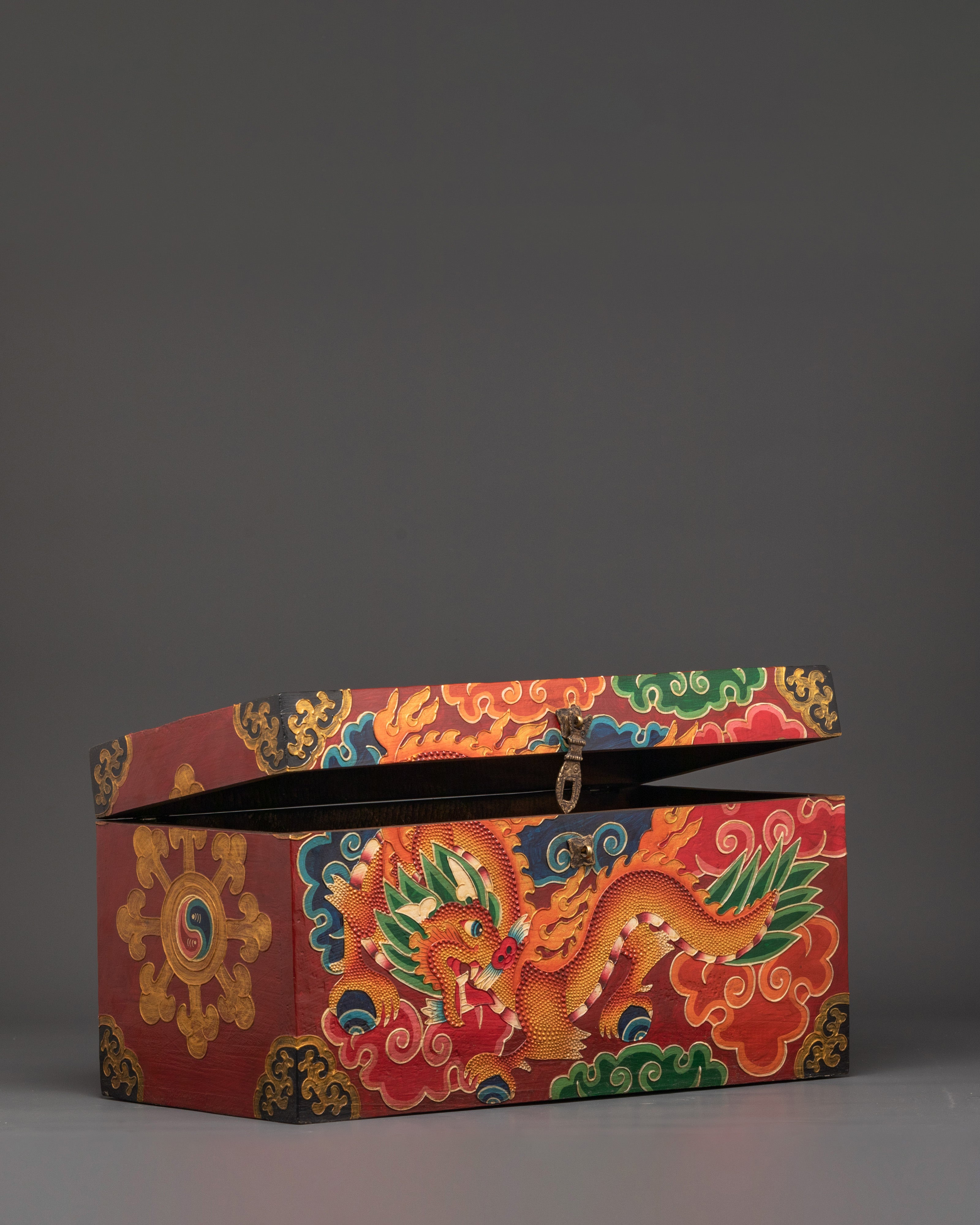 Tibetan Wooden Box with Dragon Art | Sacred Hand-Painted Ritual Chest