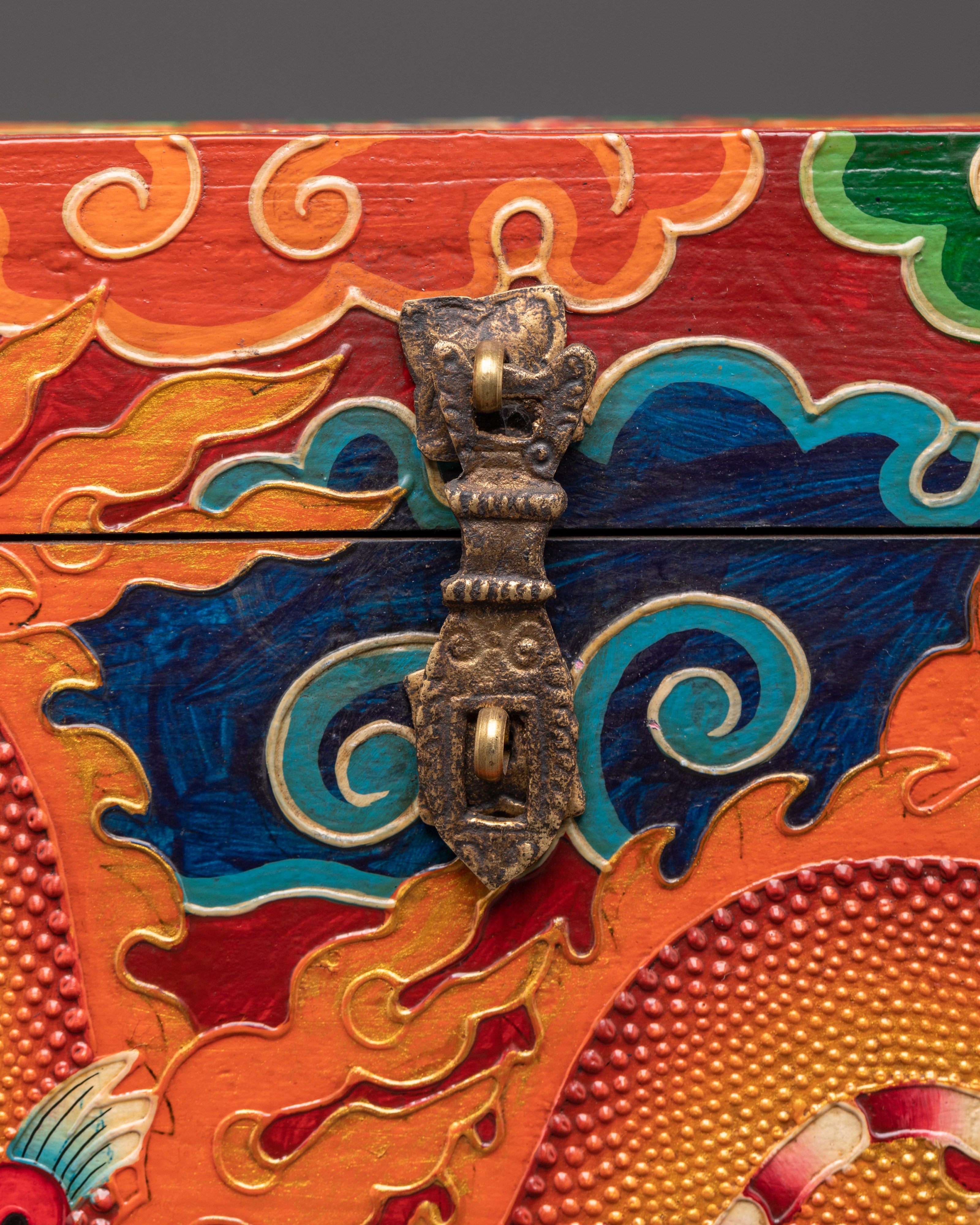 Tibetan Wooden Box with Dragon Art | Sacred Hand-Painted Ritual Chest