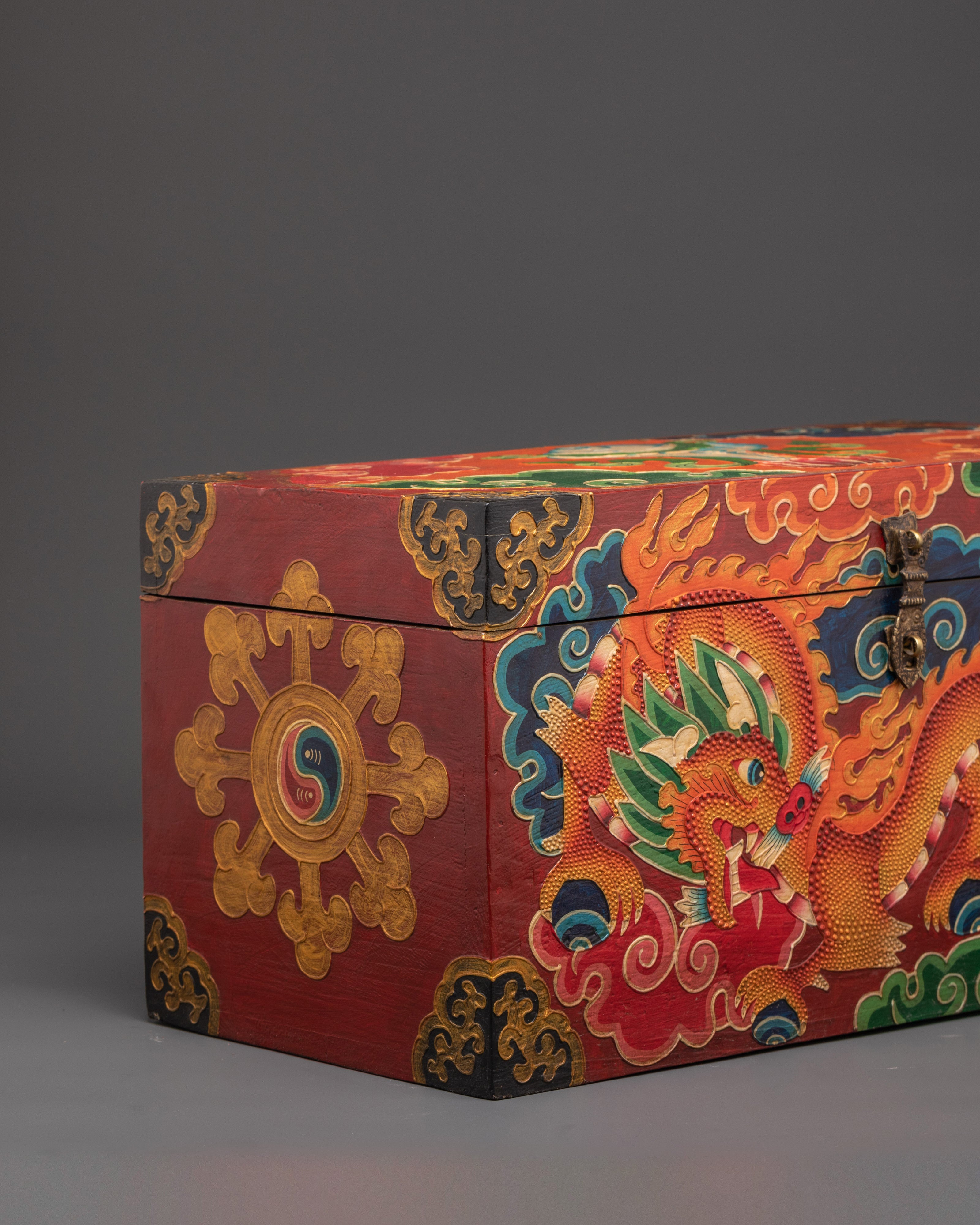 Tibetan Wooden Box with Dragon Art | Sacred Hand-Painted Ritual Chest