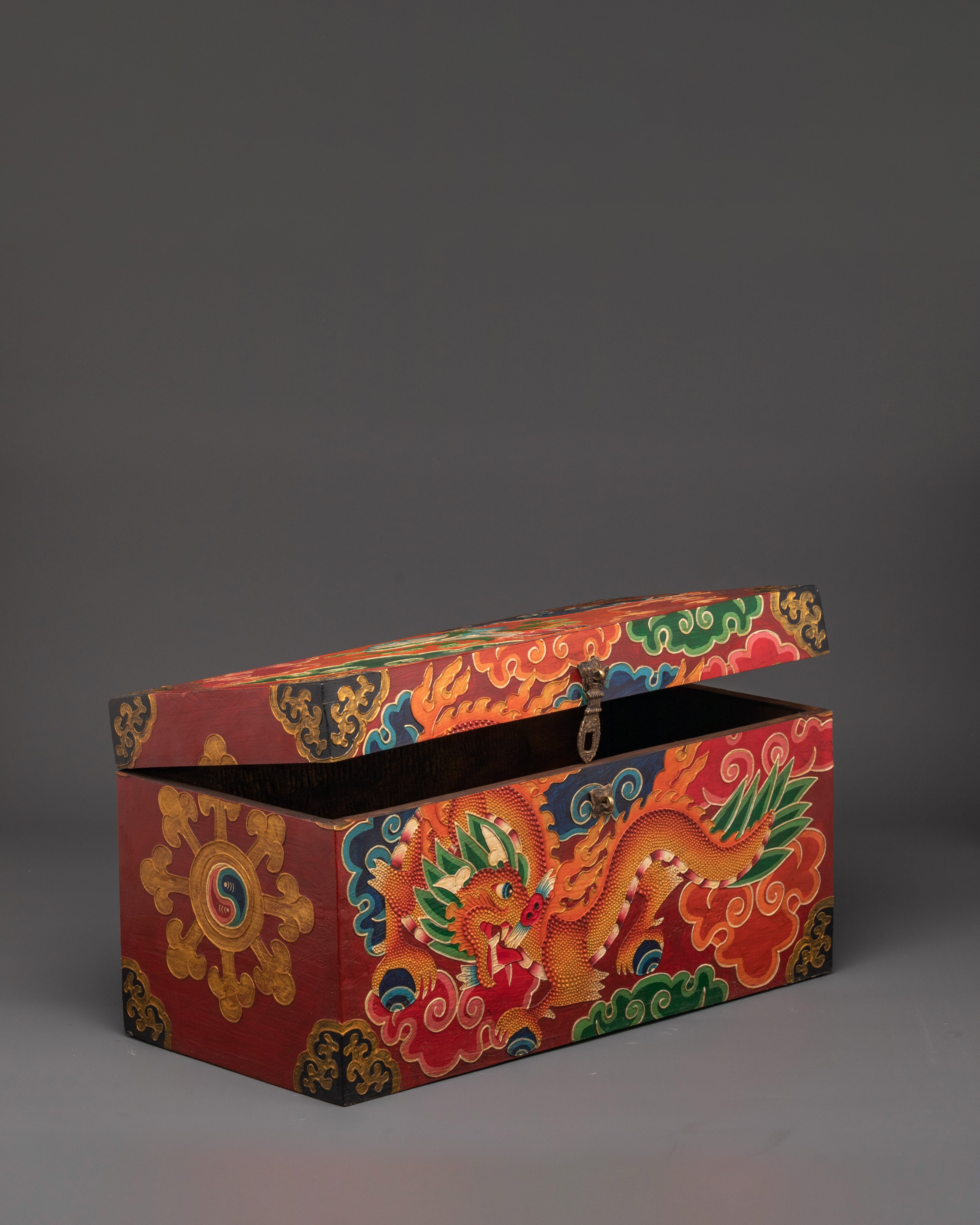 Tibetan Wooden Box with Dragon Art | Sacred Hand-Painted Ritual Chest