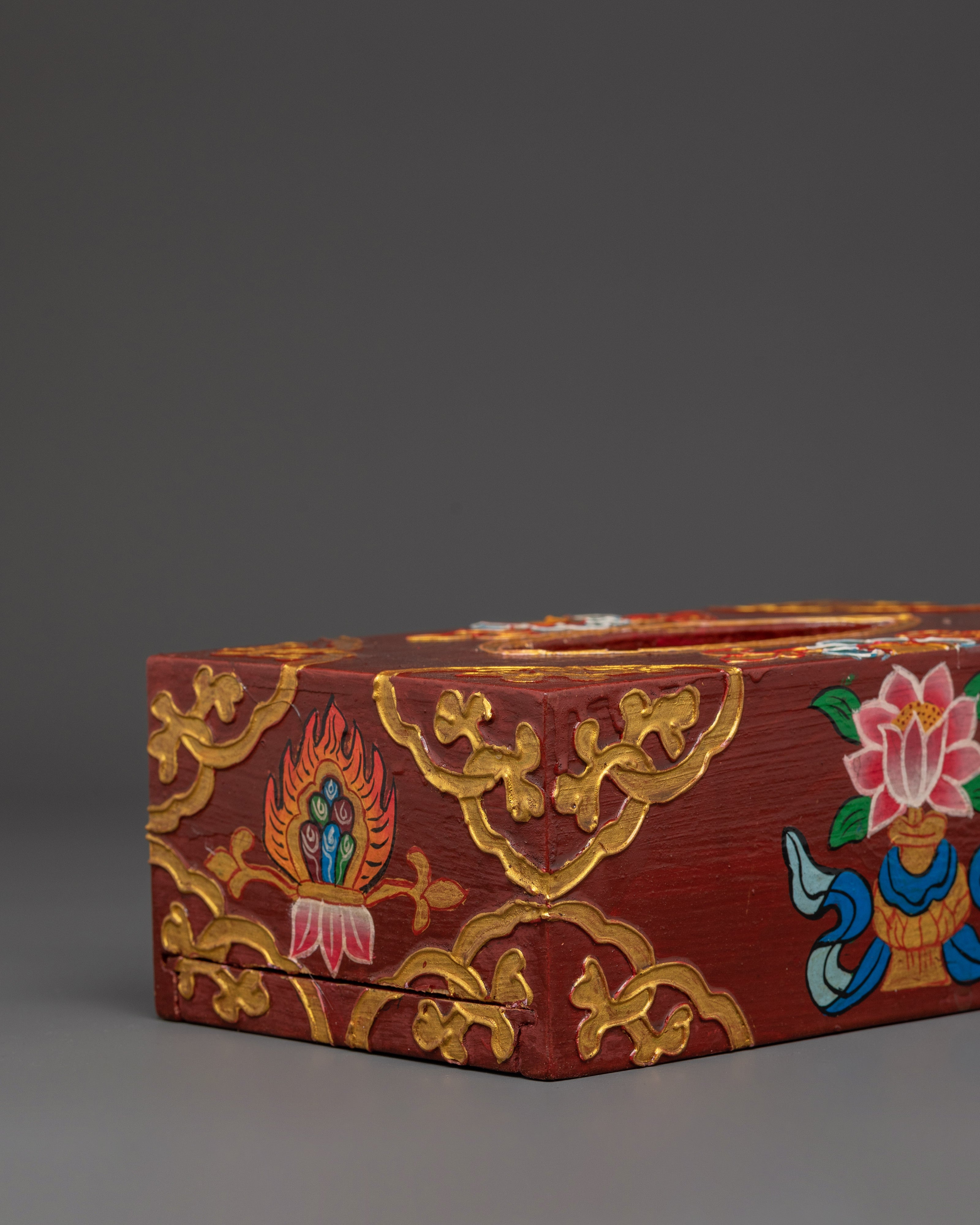 Handcrafted Tibetan Tissue Box with Floral Design | Wooden Body with Vibrant Acrylic Colors