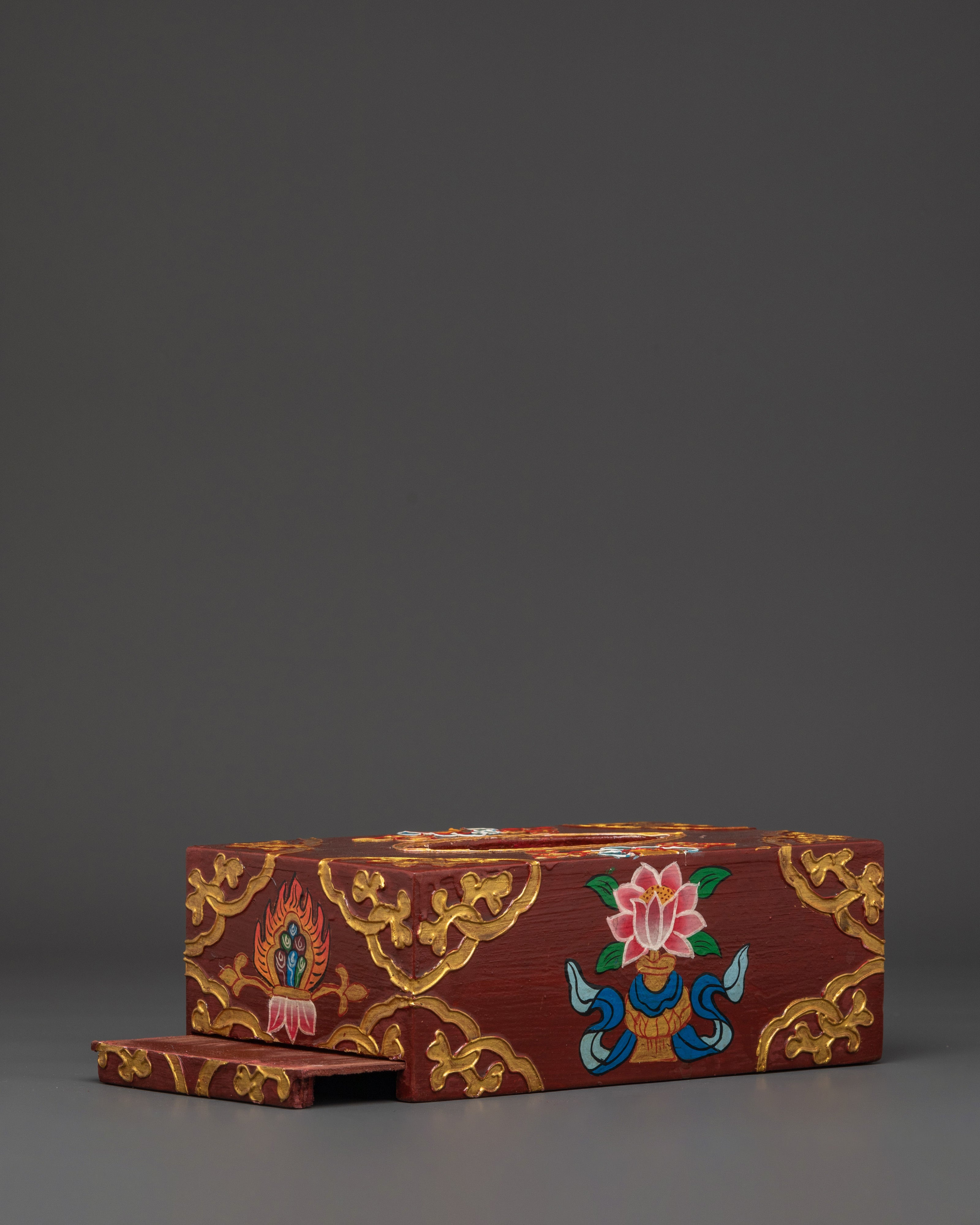 Handcrafted Tibetan Tissue Box with Floral Design | Wooden Body with Vibrant Acrylic Colors