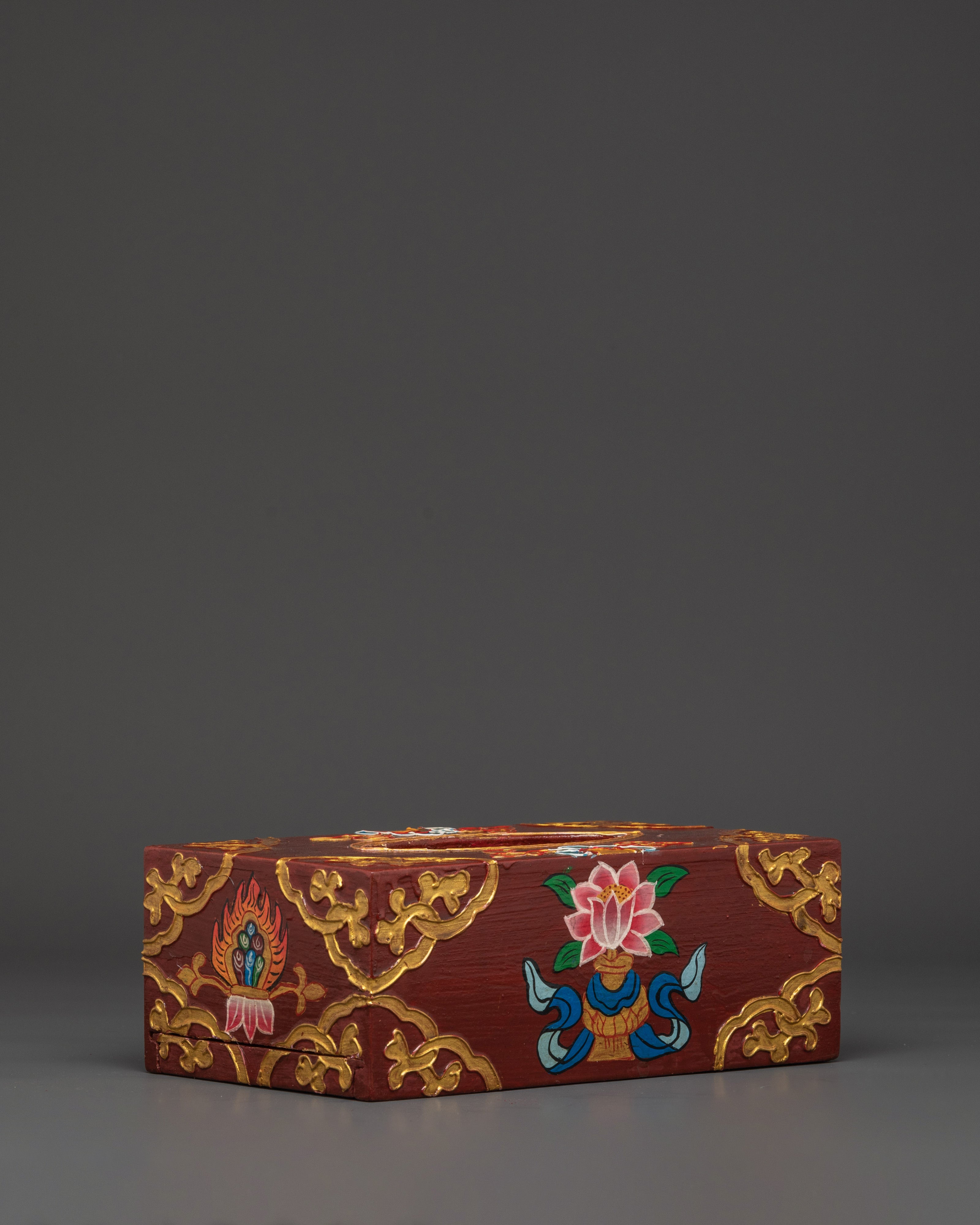 Handcrafted Tibetan Tissue Box with Floral Design | Wooden Body with Vibrant Acrylic Colors