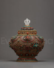 Vintage Rice Offering Bowl | Filigree Inlays Original Gemstones | Tibetan Antiques