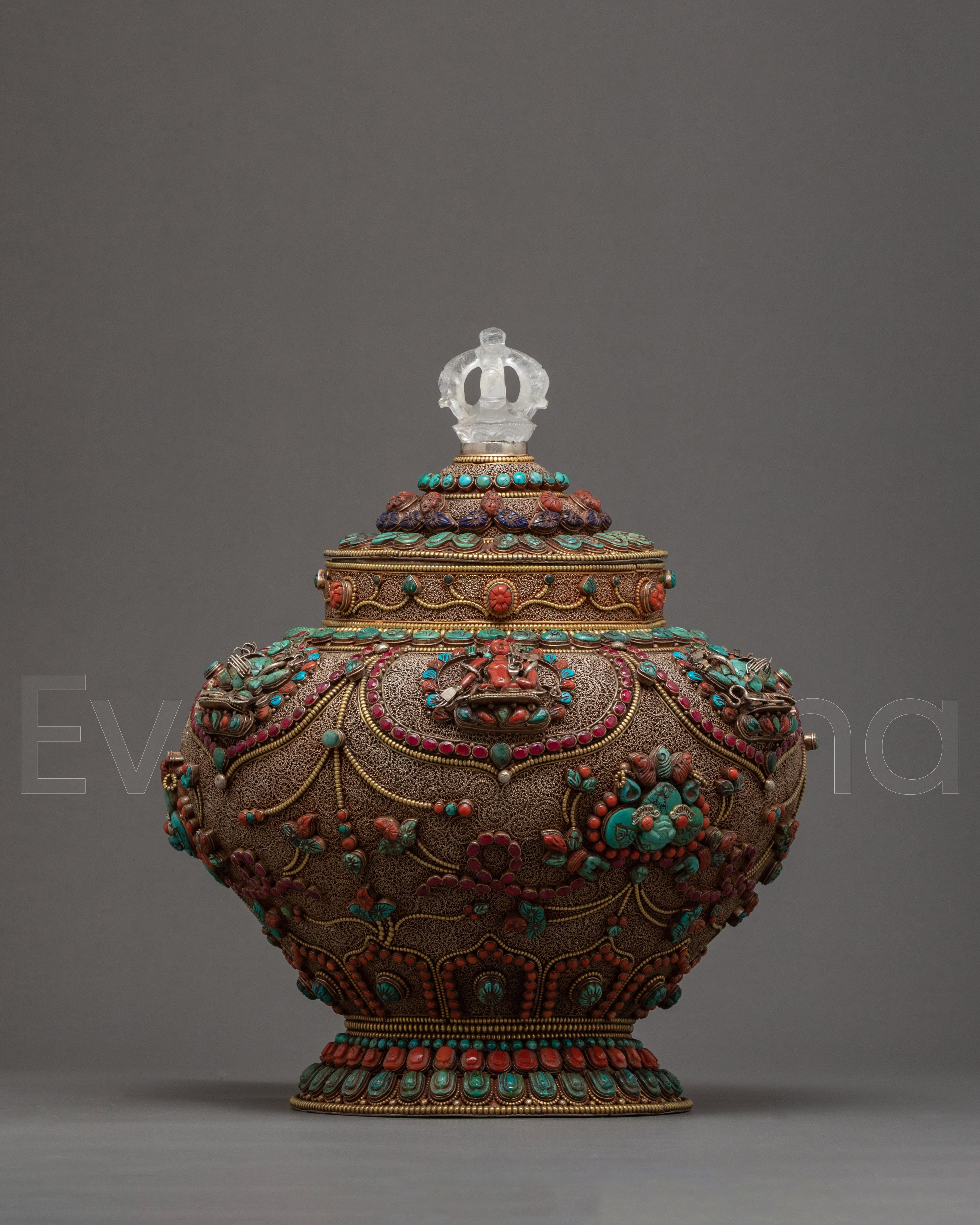 Vintage Rice Offering Bowl | Filigree Inlays Original Gemstones | Tibetan Antiques
