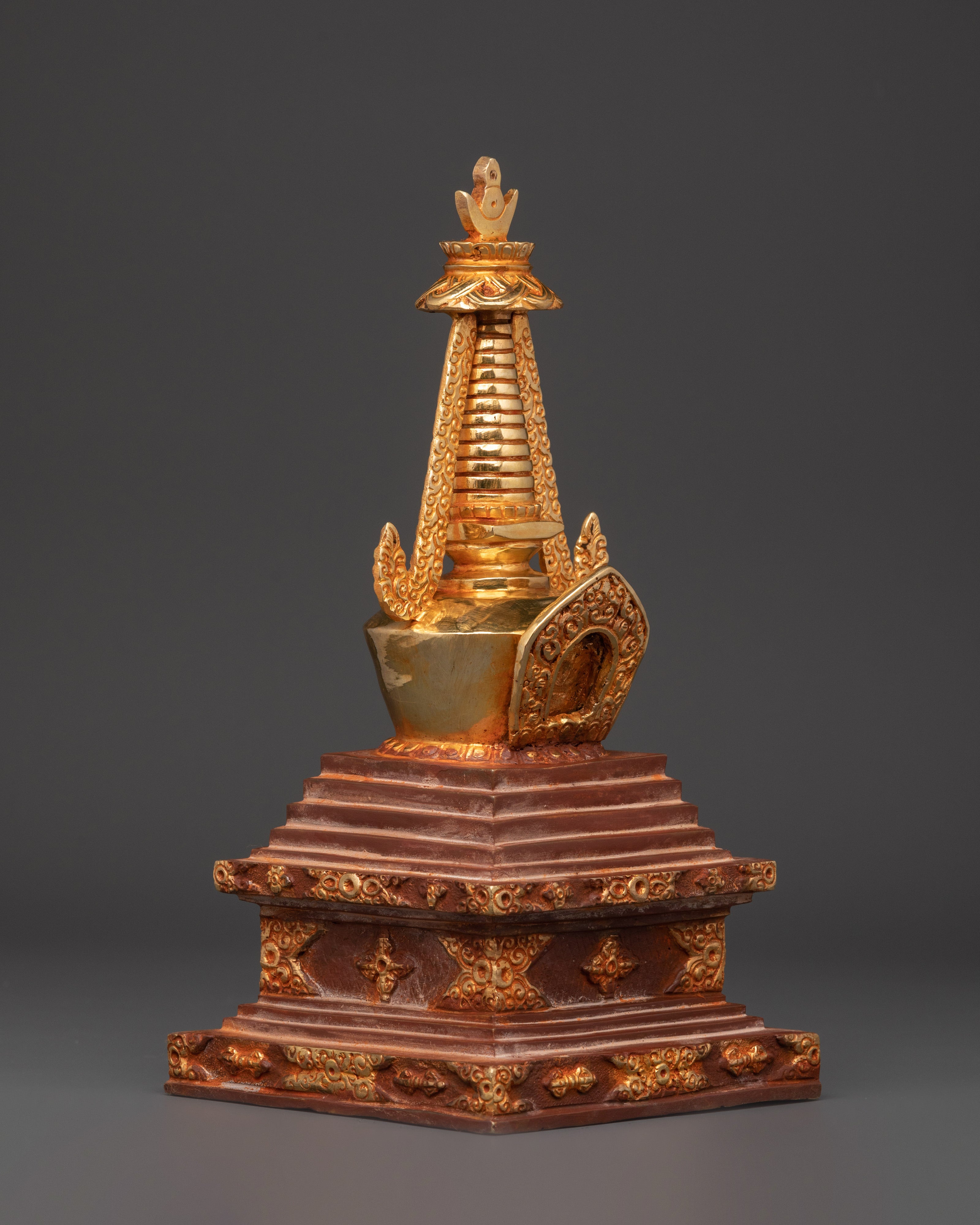 Tibetan Gold Plated Shrine | Handcrafted Oxidized Copper Buddhist Stupa