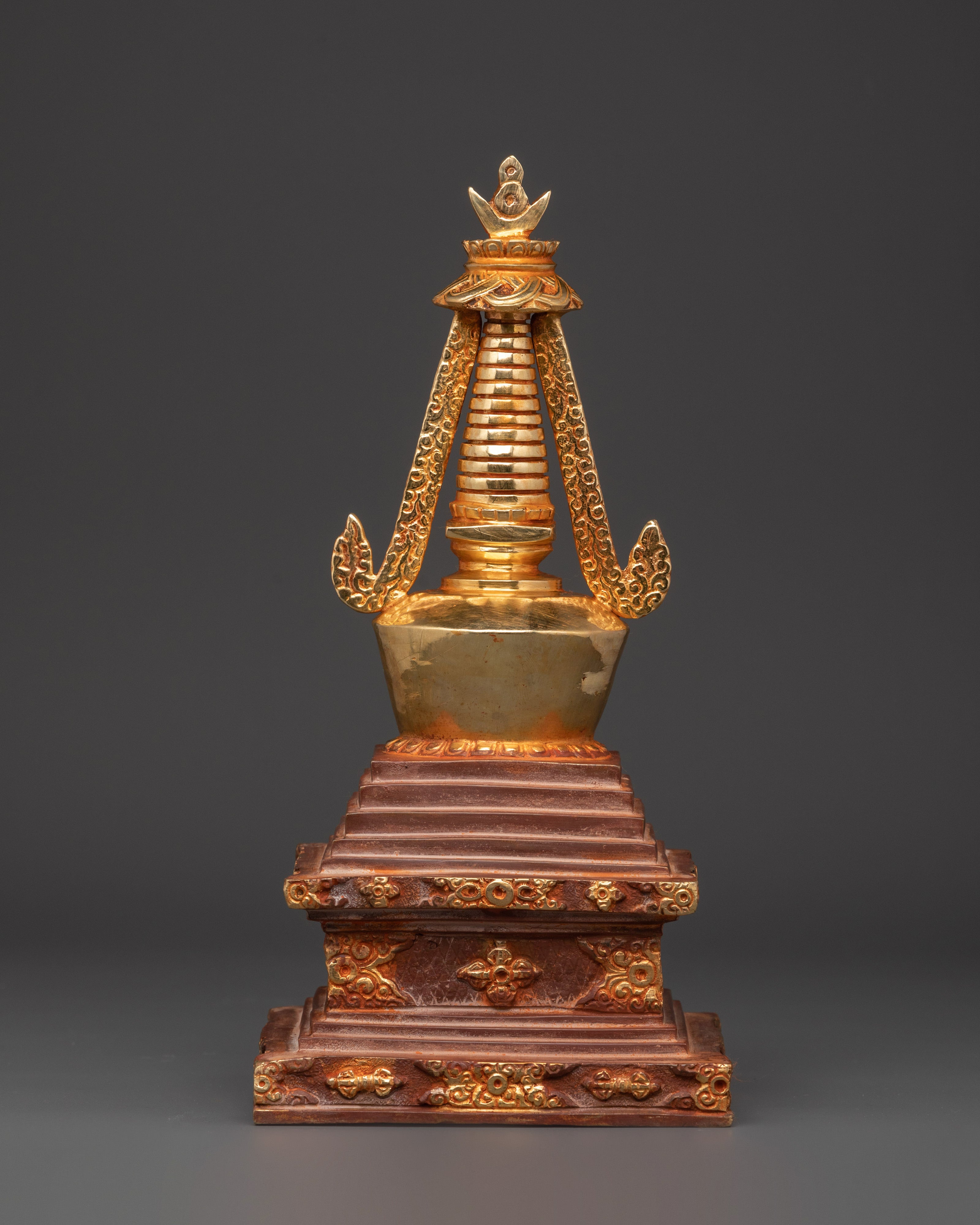 Tibetan Gold Plated Shrine | Handcrafted Oxidized Copper Buddhist Stupa