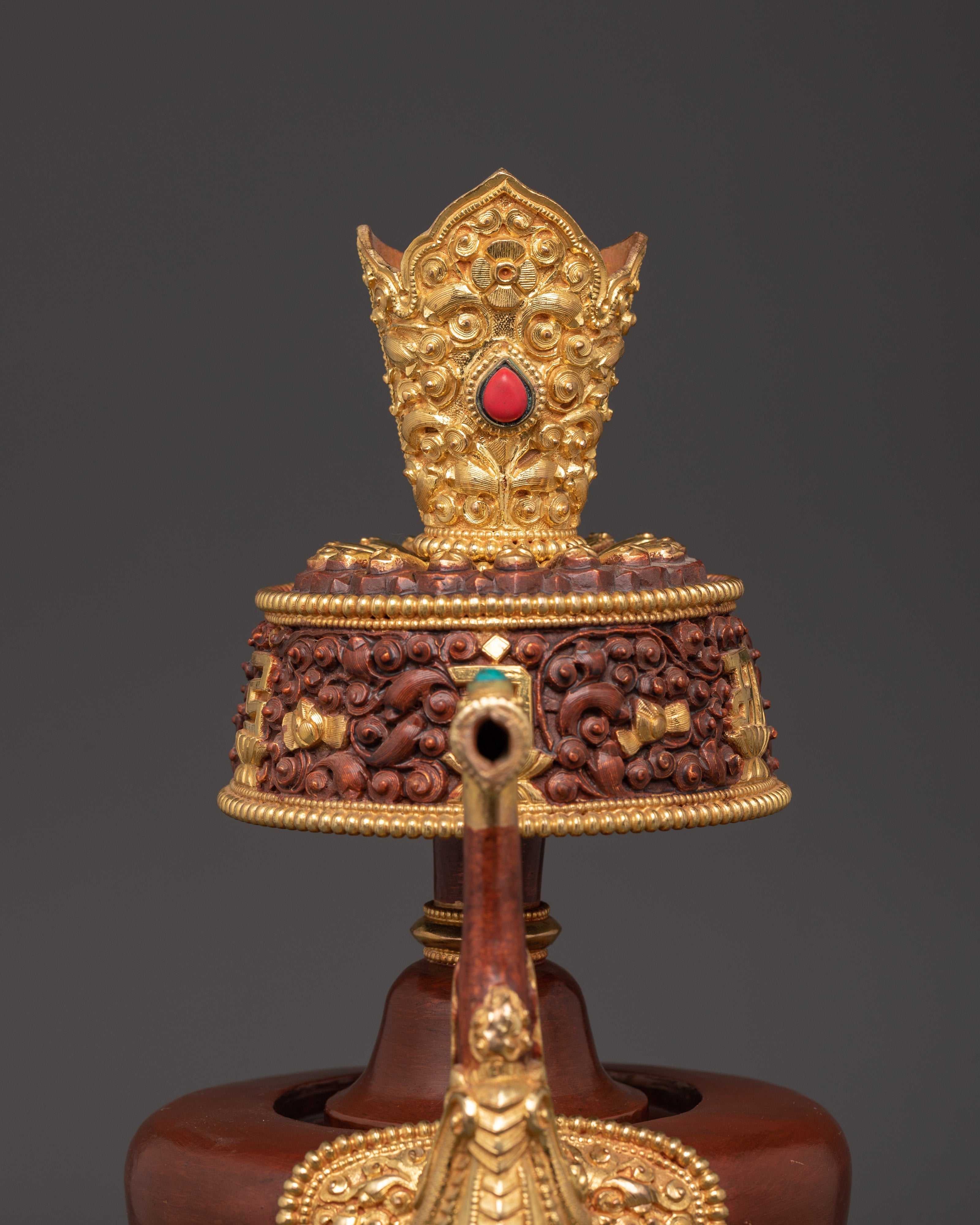 Pair of Tibetan Bhumba Vases | Gold-Plated Copper Vessels with Coral Inlay