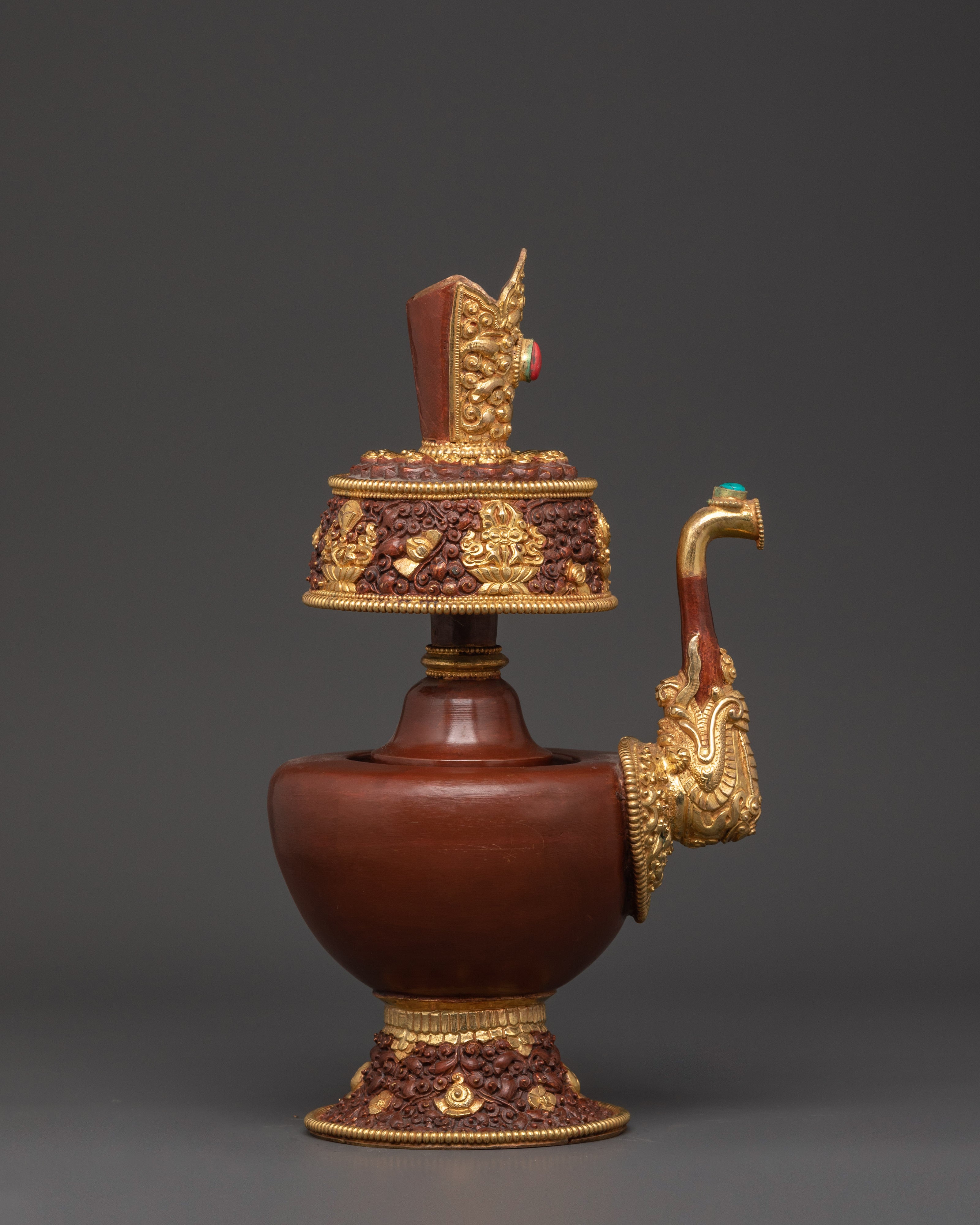 Pair of Tibetan Bhumba Vases | Gold-Plated Copper Vessels with Coral Inlay