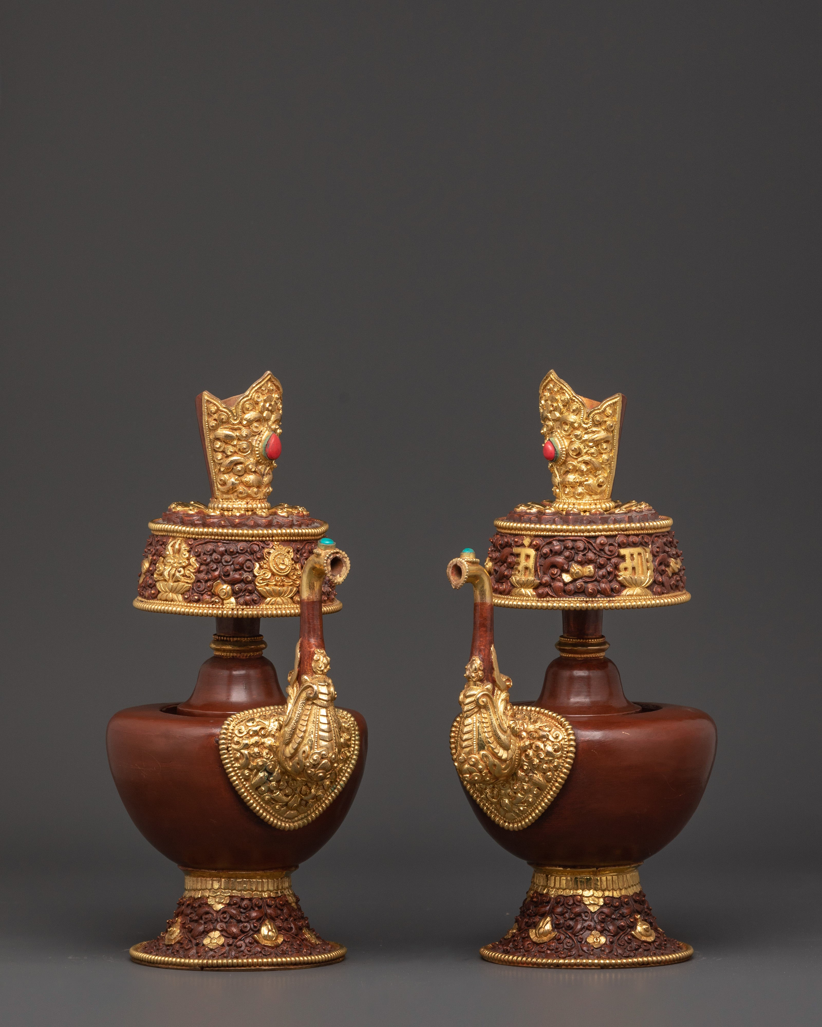 Pair of Tibetan Bhumba Vases | Gold-Plated Copper Vessels with Coral Inlay