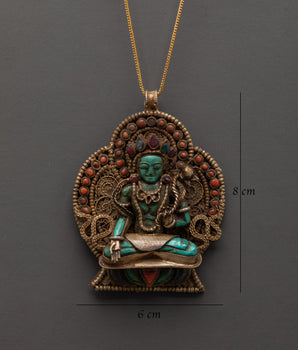 Handcrafted Green Tara Locket Pendant | Tibetan Coral & Turquoise Amulet Necklace