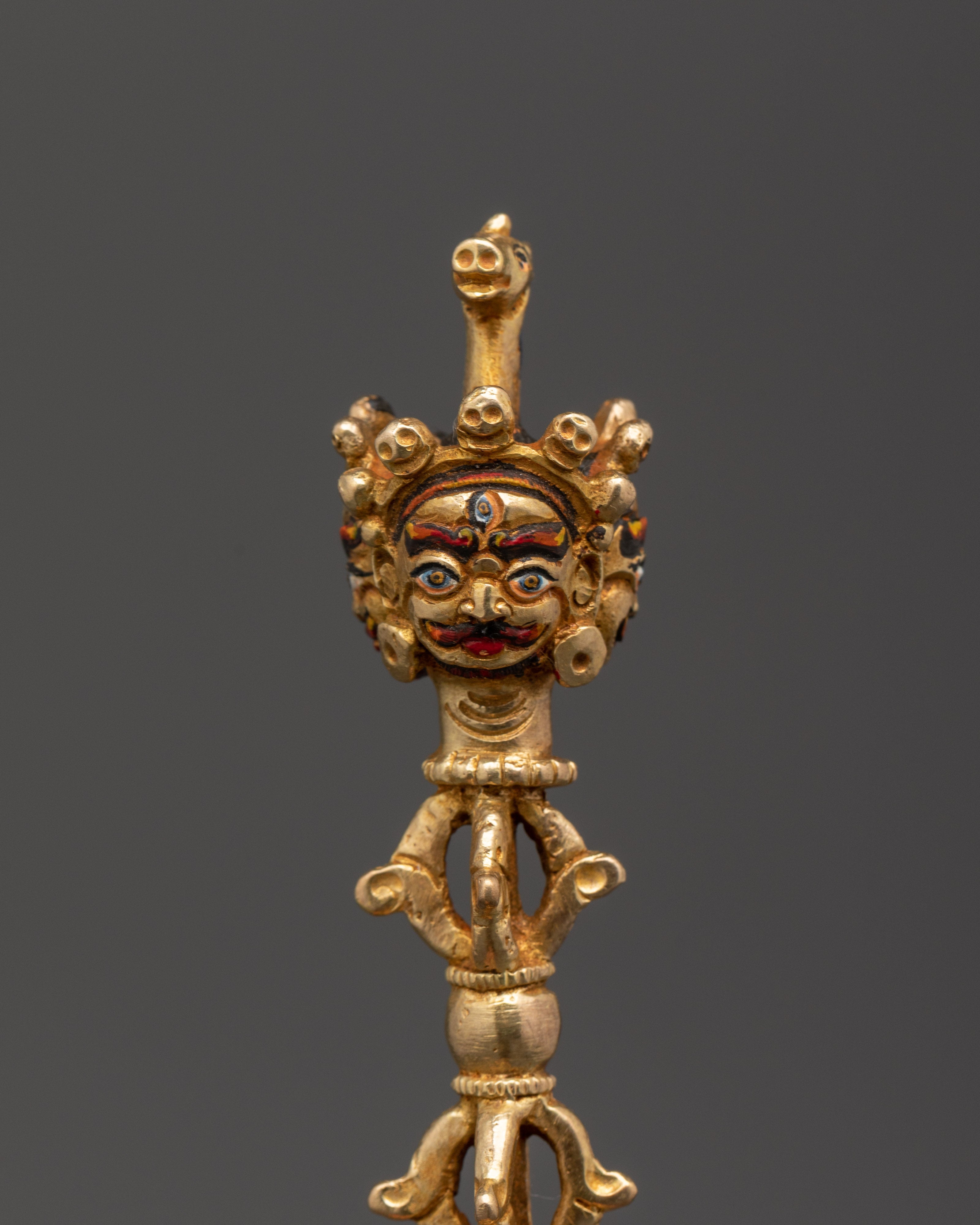 Tibetan Shrine Ritual Dagger Phurba | Gold Plated Copper Vajrayana Shrine Tool