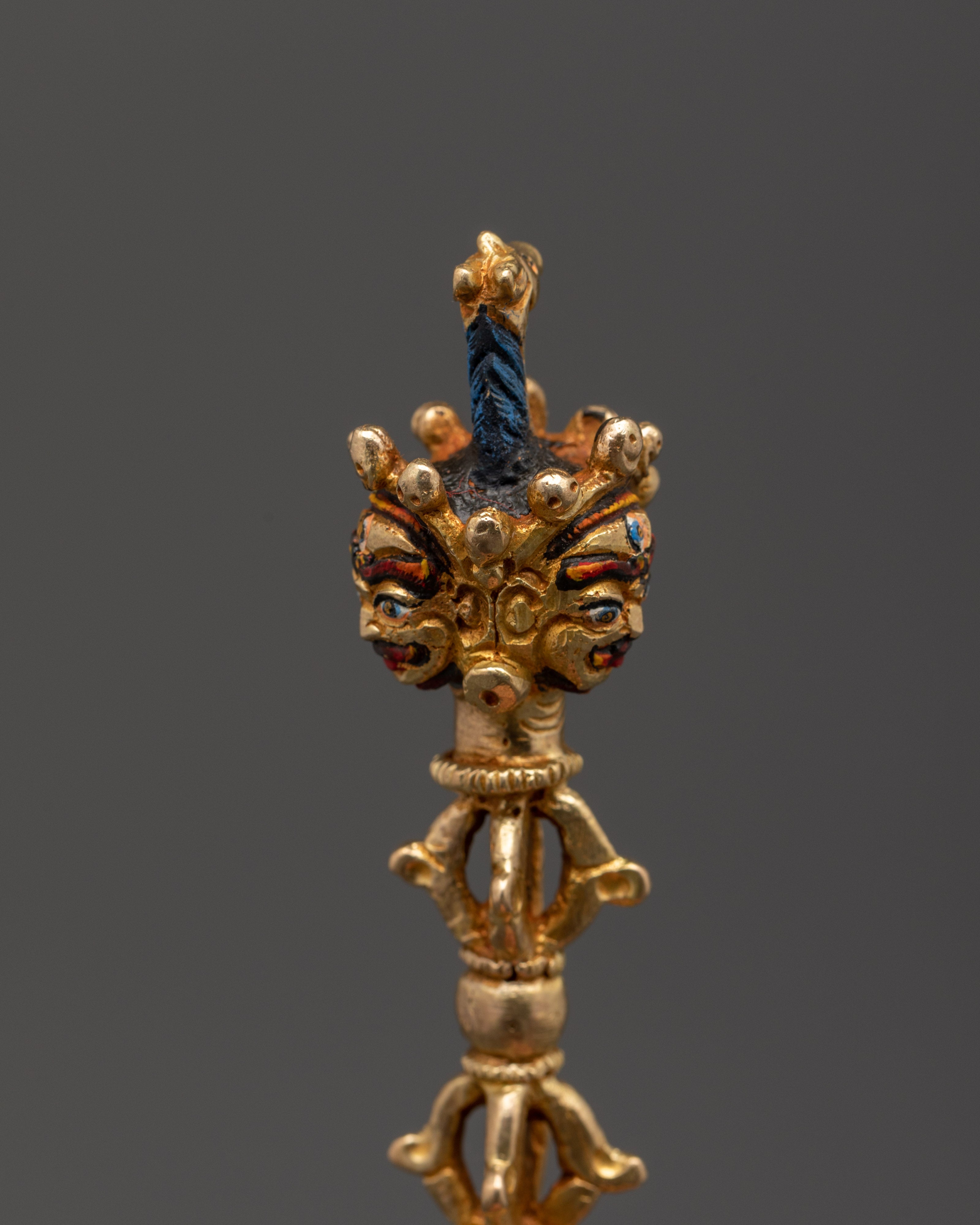 Tibetan Shrine Ritual Dagger Phurba | Gold Plated Copper Vajrayana Shrine Tool