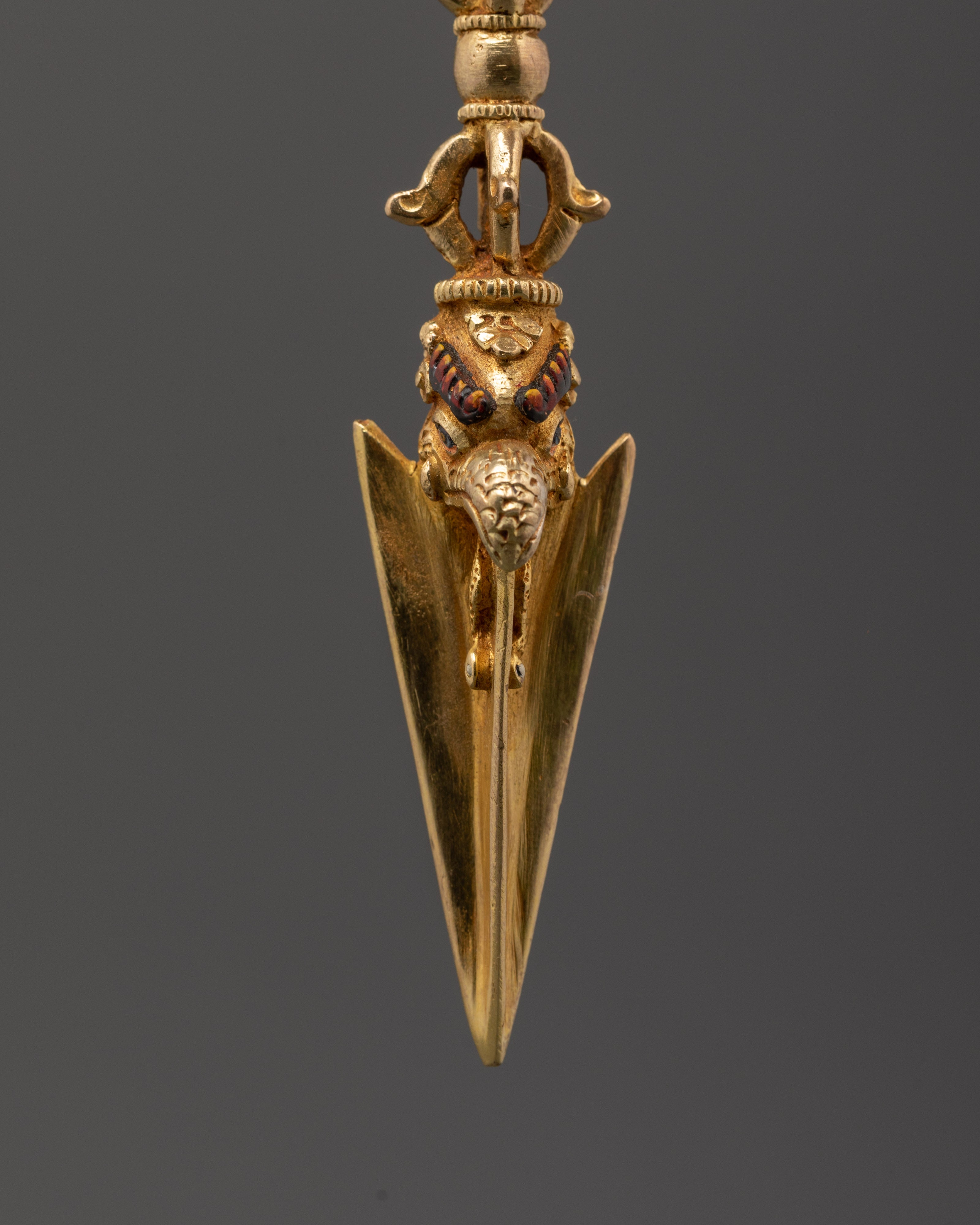 Tibetan Shrine Ritual Dagger Phurba | Gold Plated Copper Vajrayana Shrine Tool
