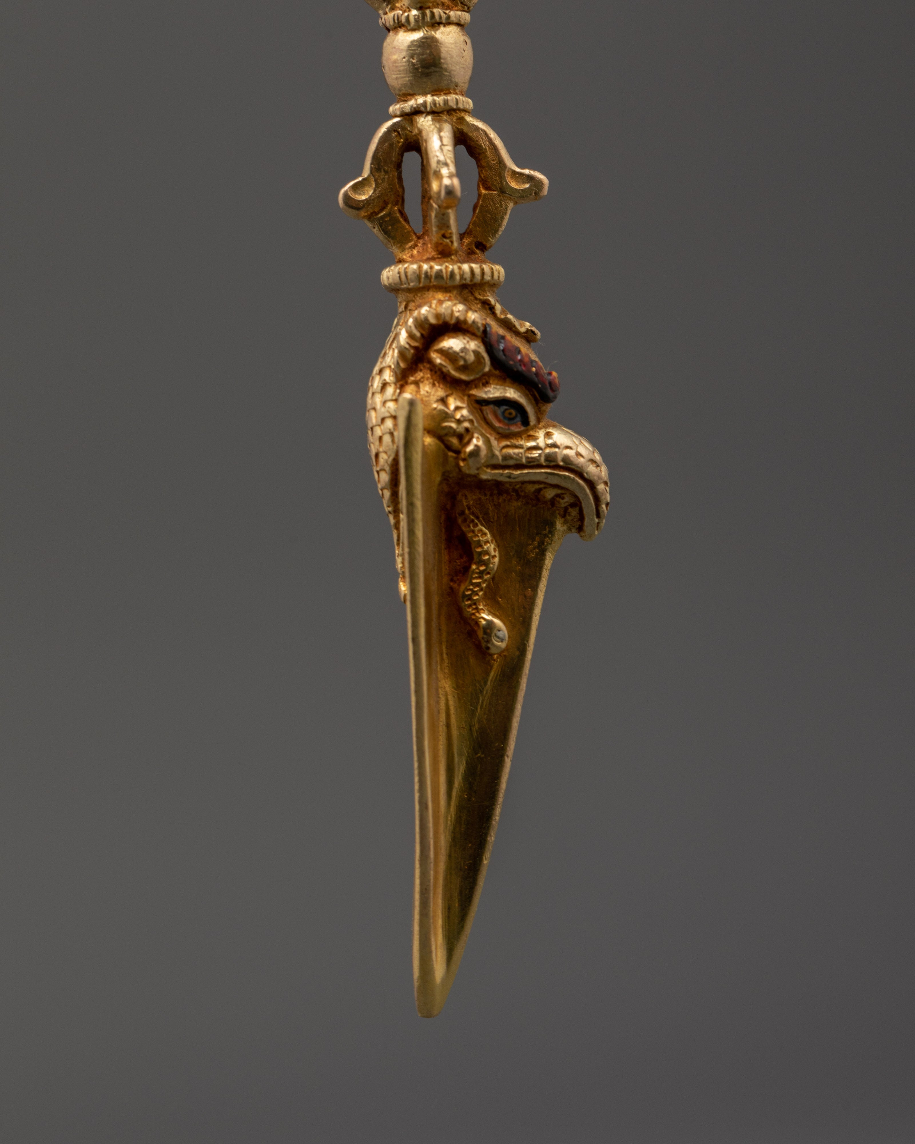 Tibetan Shrine Ritual Dagger Phurba | Gold Plated Copper Vajrayana Shrine Tool