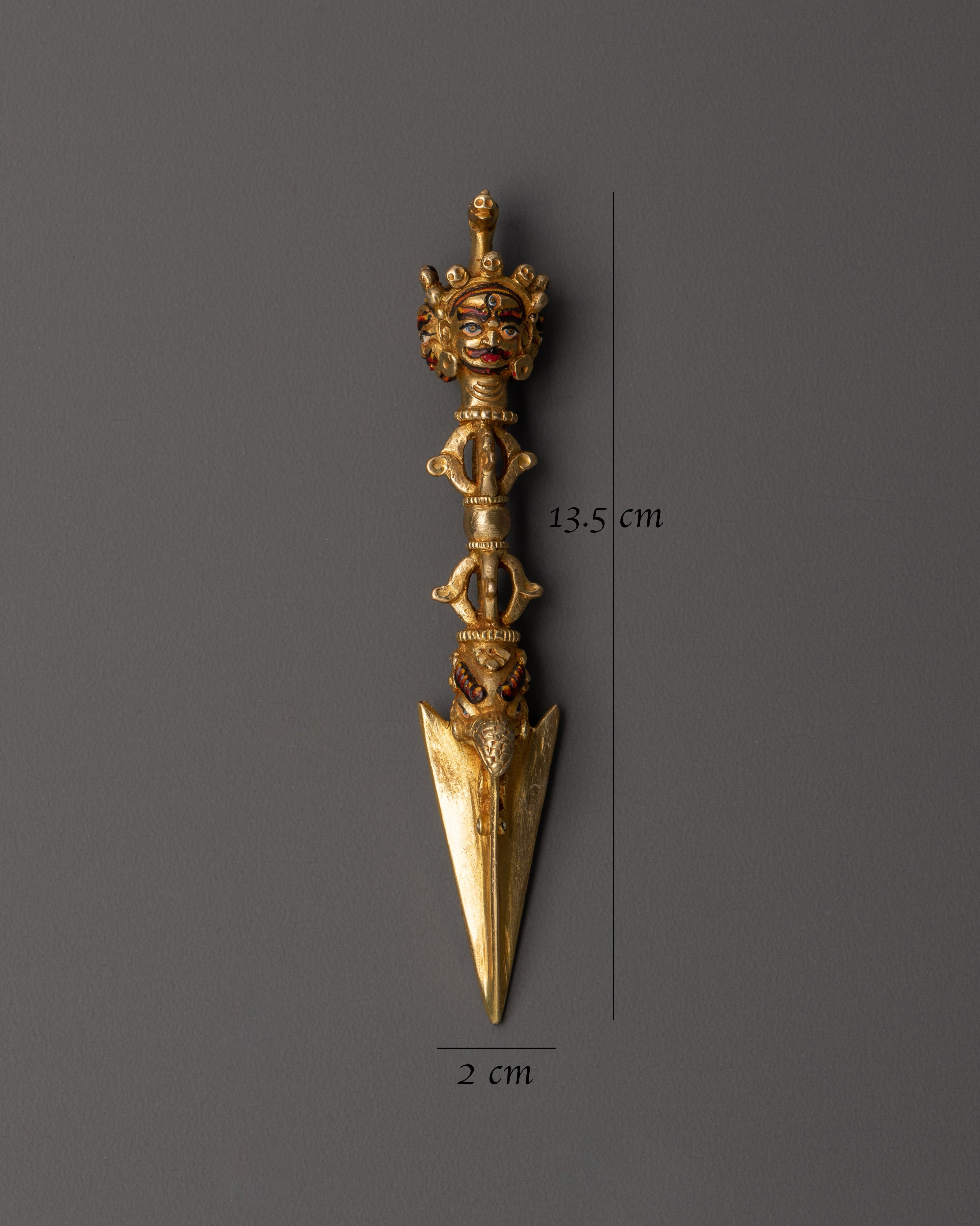Tibetan Shrine Ritual Dagger Phurba | Gold Plated Copper Vajrayana Shrine Tool