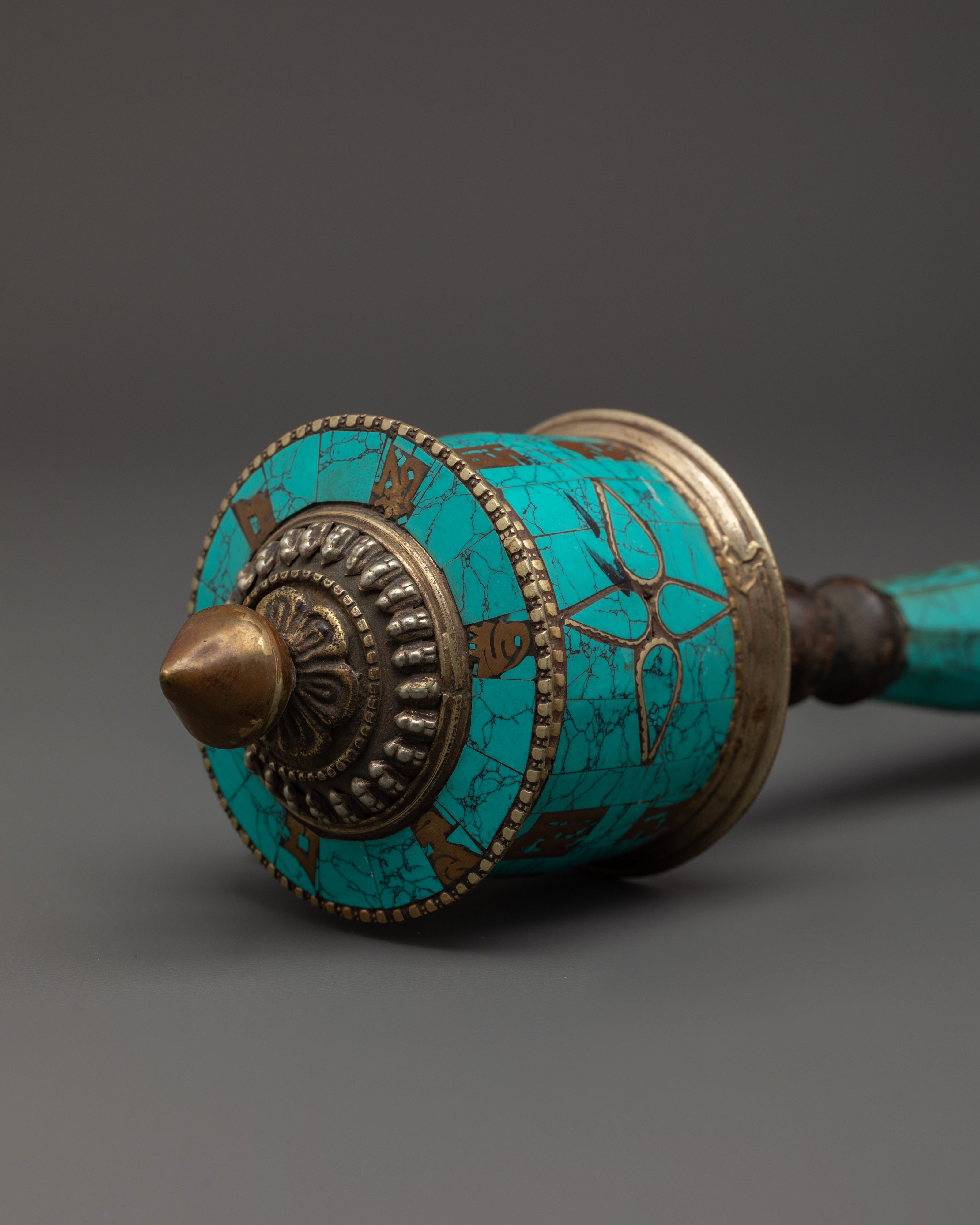 Tibetan Coral Mantra Wheel | Handheld Copper Prayer Wheel