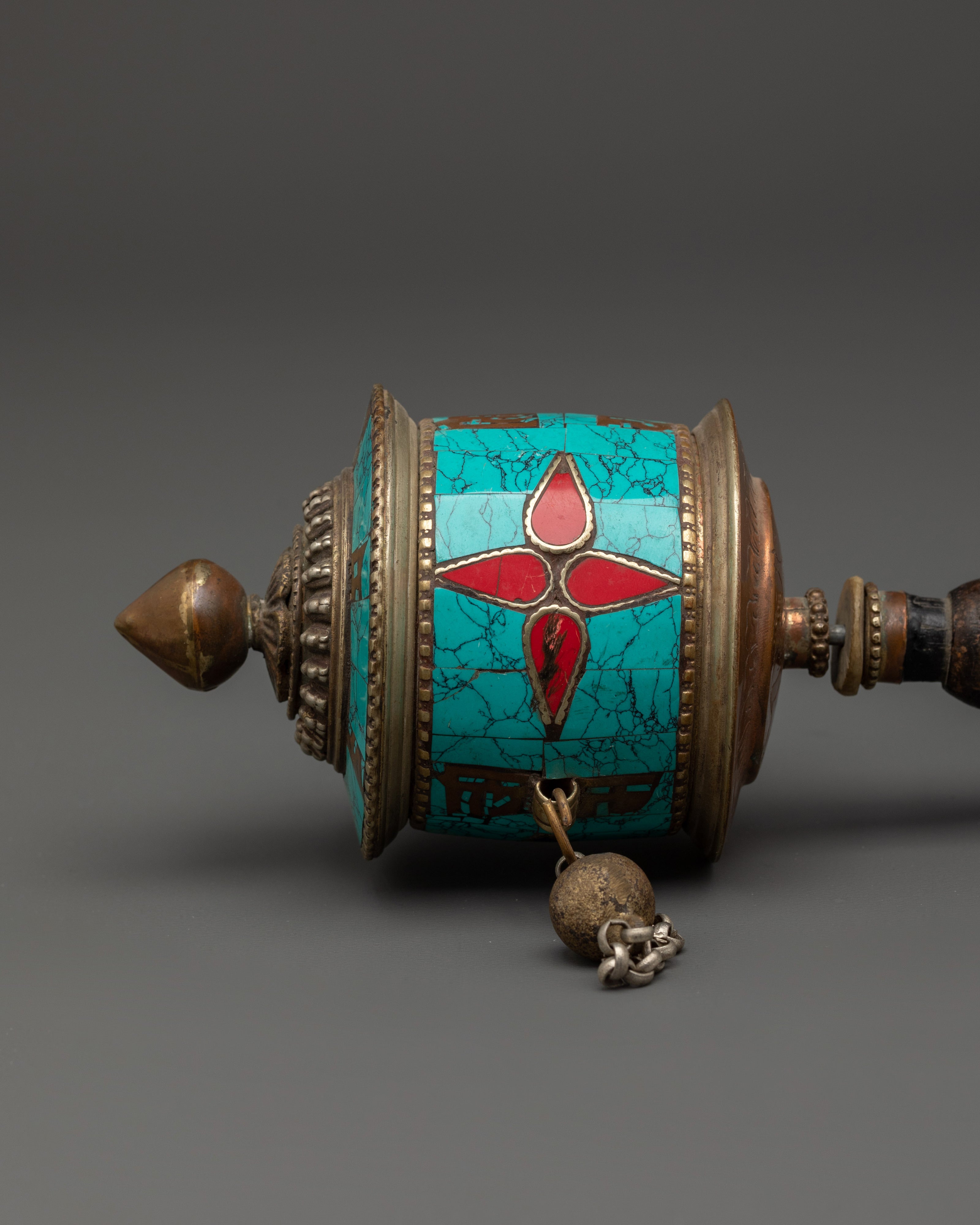 Tibetan Coral Mantra Wheel | Handheld Copper Prayer Wheel
