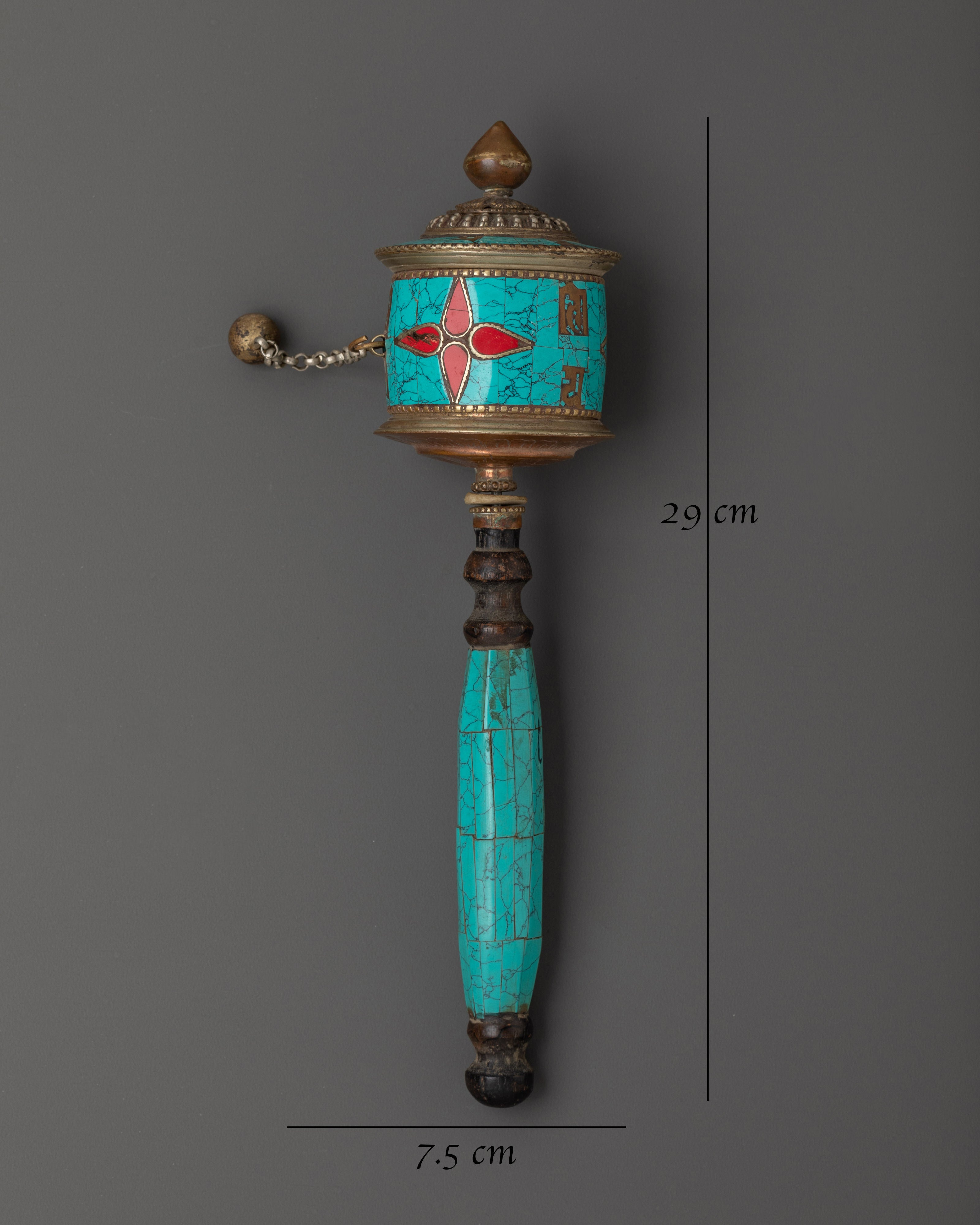 Tibetan Coral Mantra Wheel | Handheld Copper Prayer Wheel