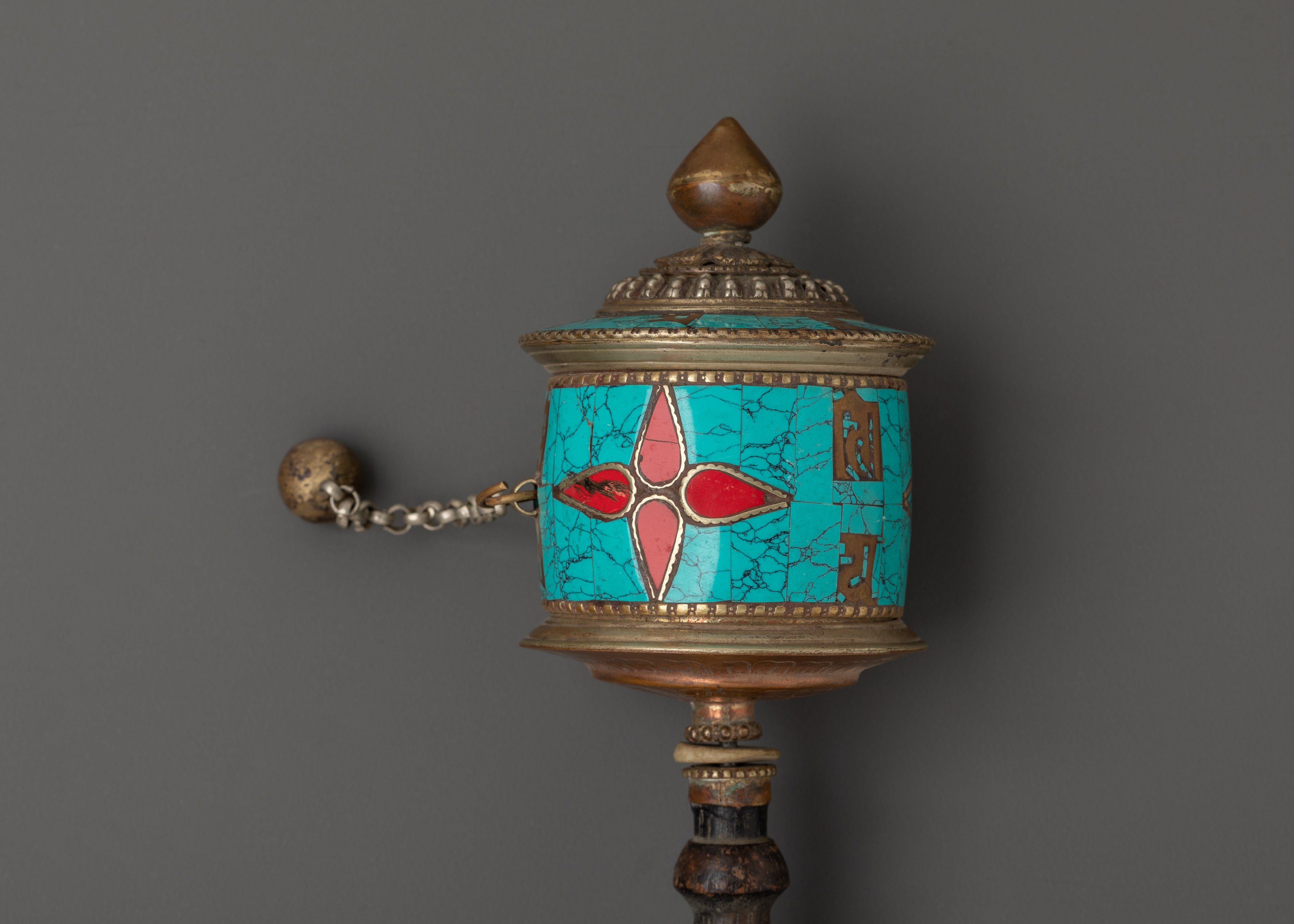 Tibetan Coral Mantra Wheel | Handheld Copper Prayer Wheel