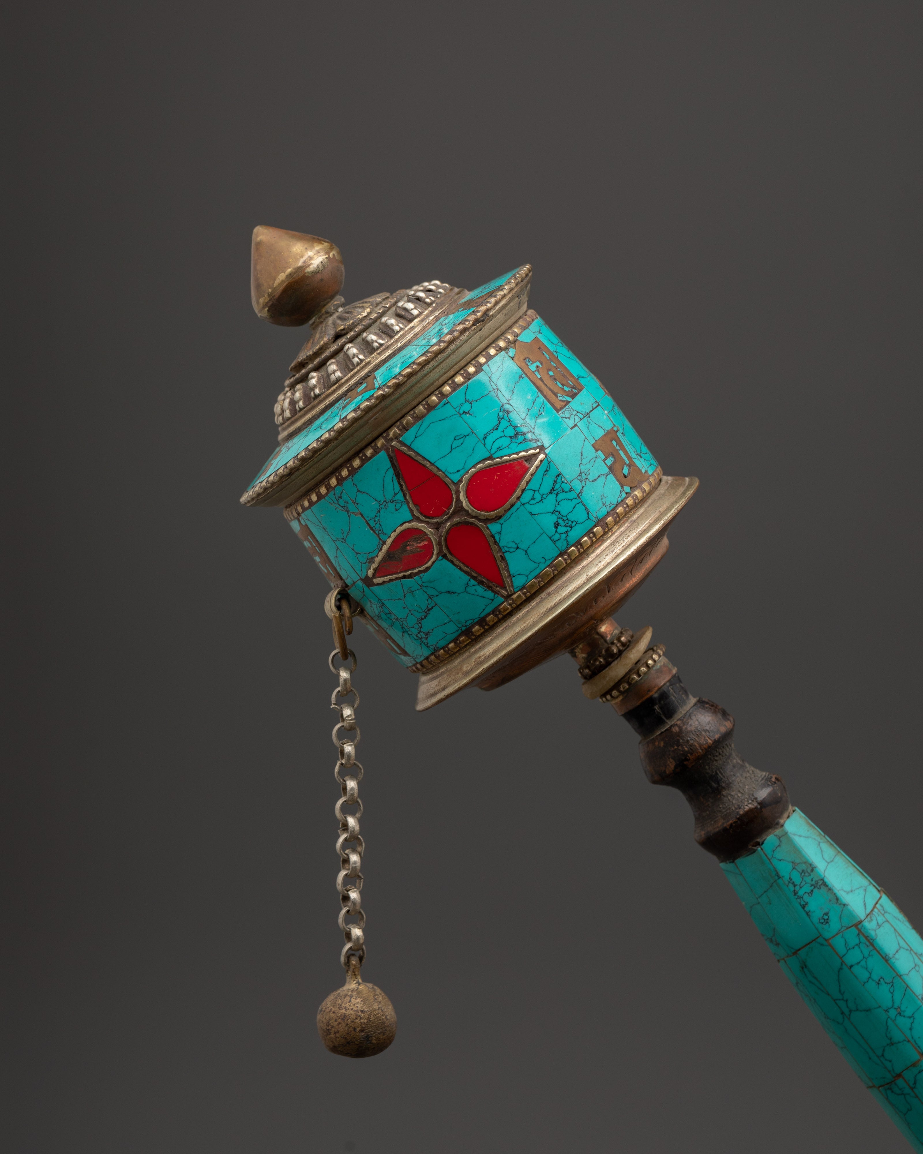 Tibetan Coral Mantra Wheel | Handheld Copper Prayer Wheel