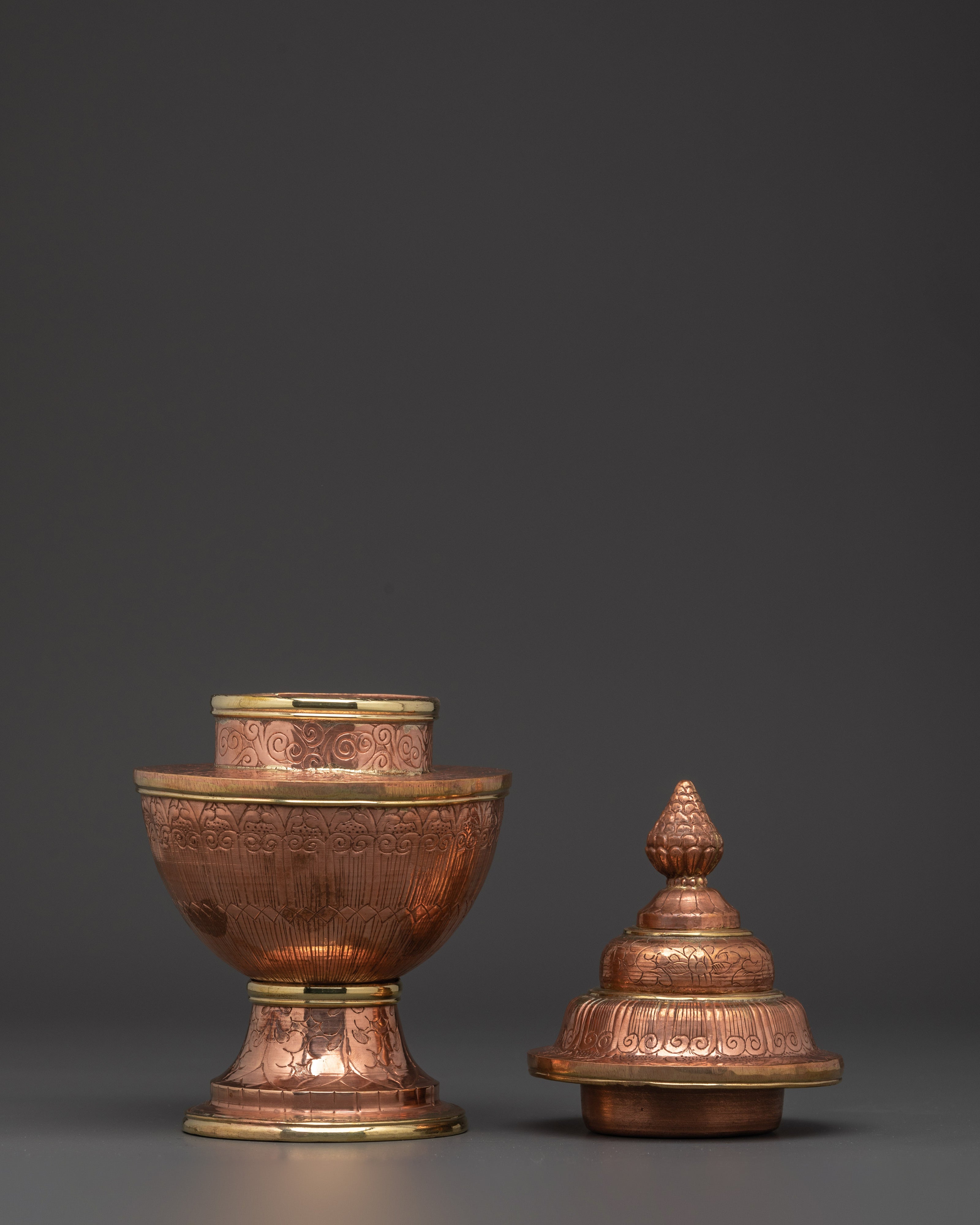 Tibetan Rice Offering Pot | Copper Ritual Vessel with Lid for Altar and Puja
