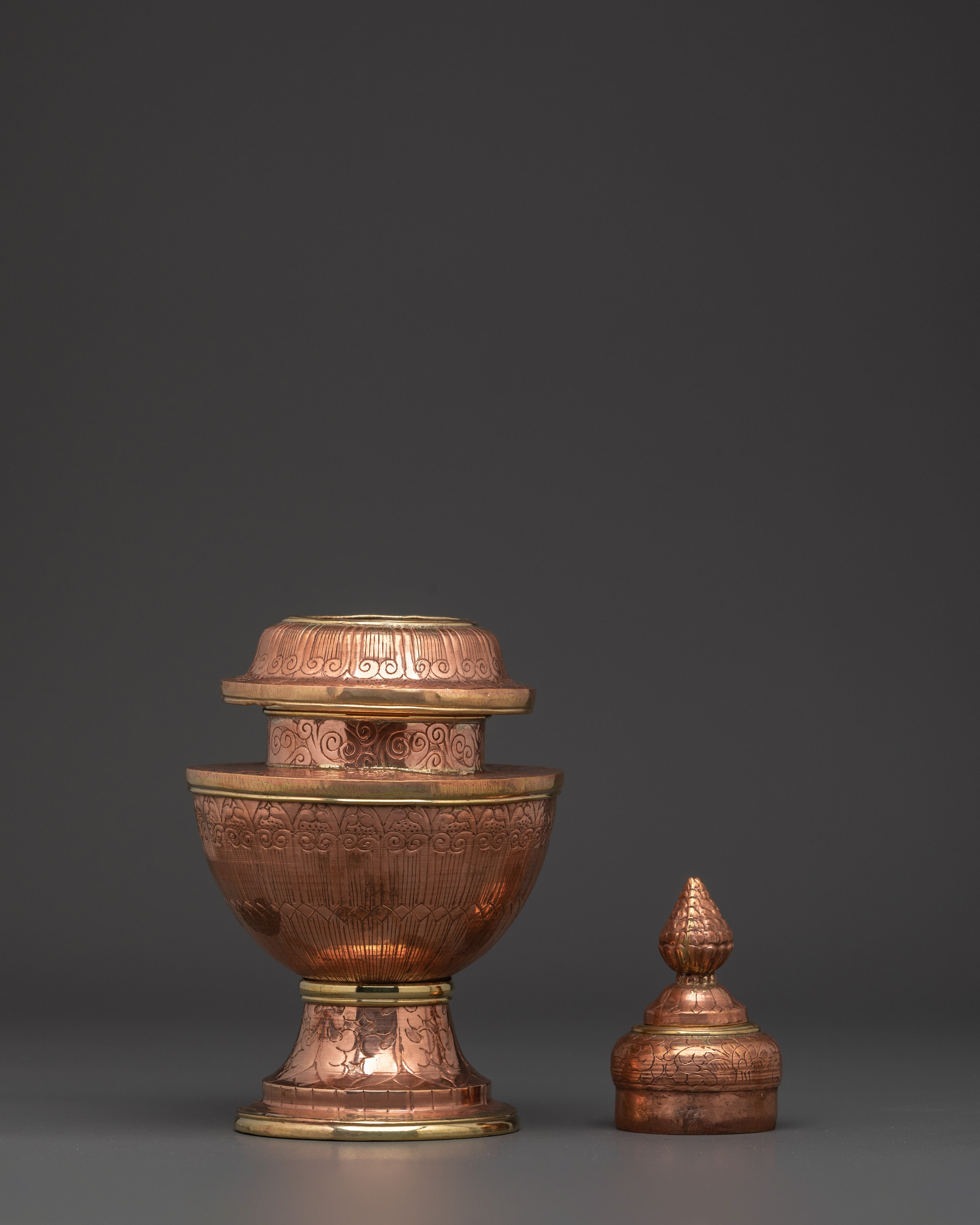 Tibetan Rice Offering Pot | Copper Ritual Vessel with Lid for Altar and Puja